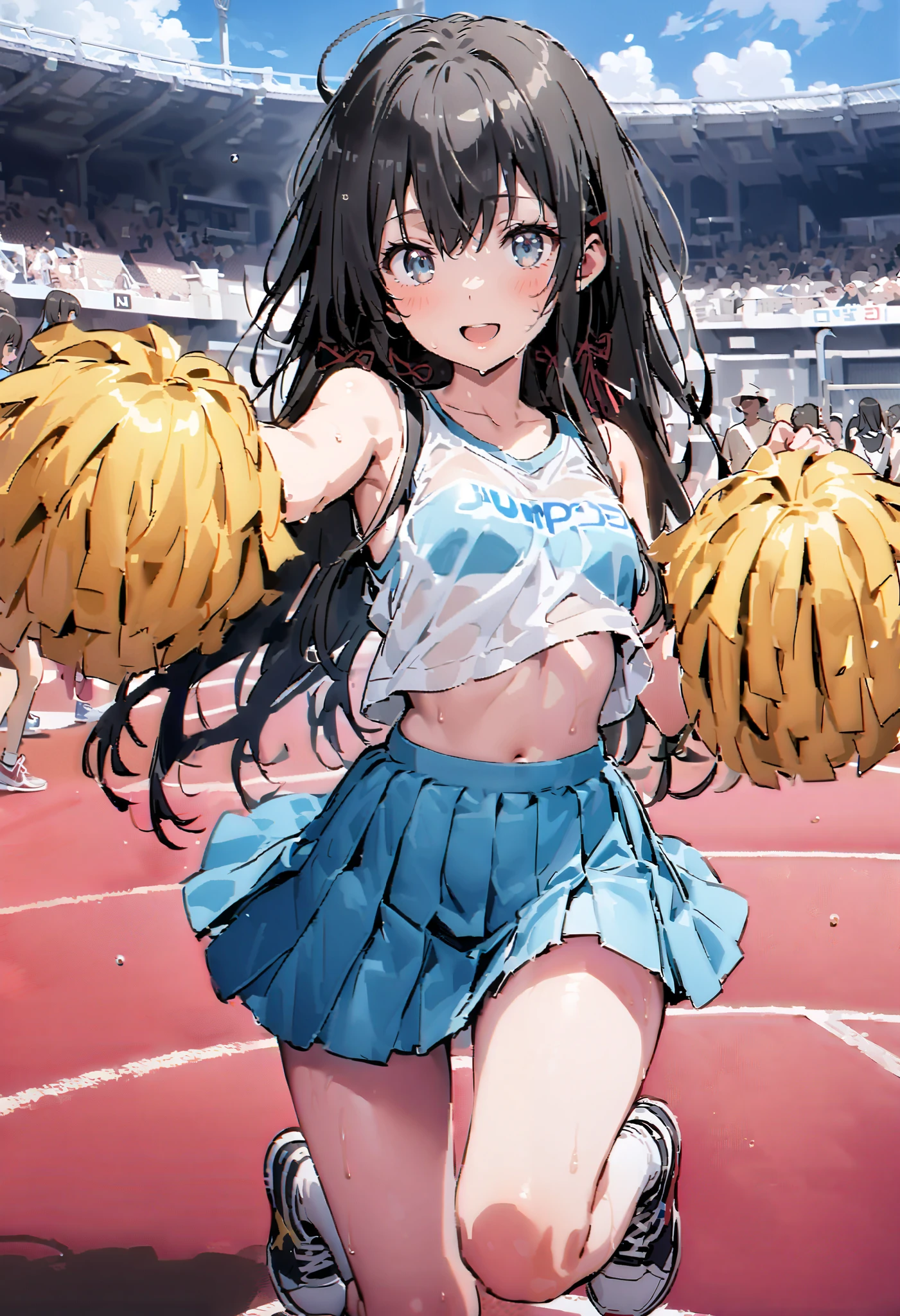 Yukinoshita Yukino, Yukinoshita Yukino, black hair, blue eyes, long hair, stupid hair,smile,blush, mouths, Lower, ( sweaty), sweaty Wet Clothes, sleeveless,(blue clothes ), blue mini pleated skirt,White socks, sneakers , belly button cheering , playground, ( jump), ( jump), 両足を曲げて jumpする, air, blue sky, Compa, smileチアリーダー,(Pompoms on both hands:1.3), cheerleading ,crowd,whole bodyがイラストに入るように,
break outdoors, stadium,
break looking at viewer, whole body,
break (masterpiece:1.2), best quality , kampala,unity 8k wallpaper,(shape:0.8),( fine, beautiful eyes :1.6),It's a person ,whole body写真,CG Details , (perfect hand, complete anatomy),