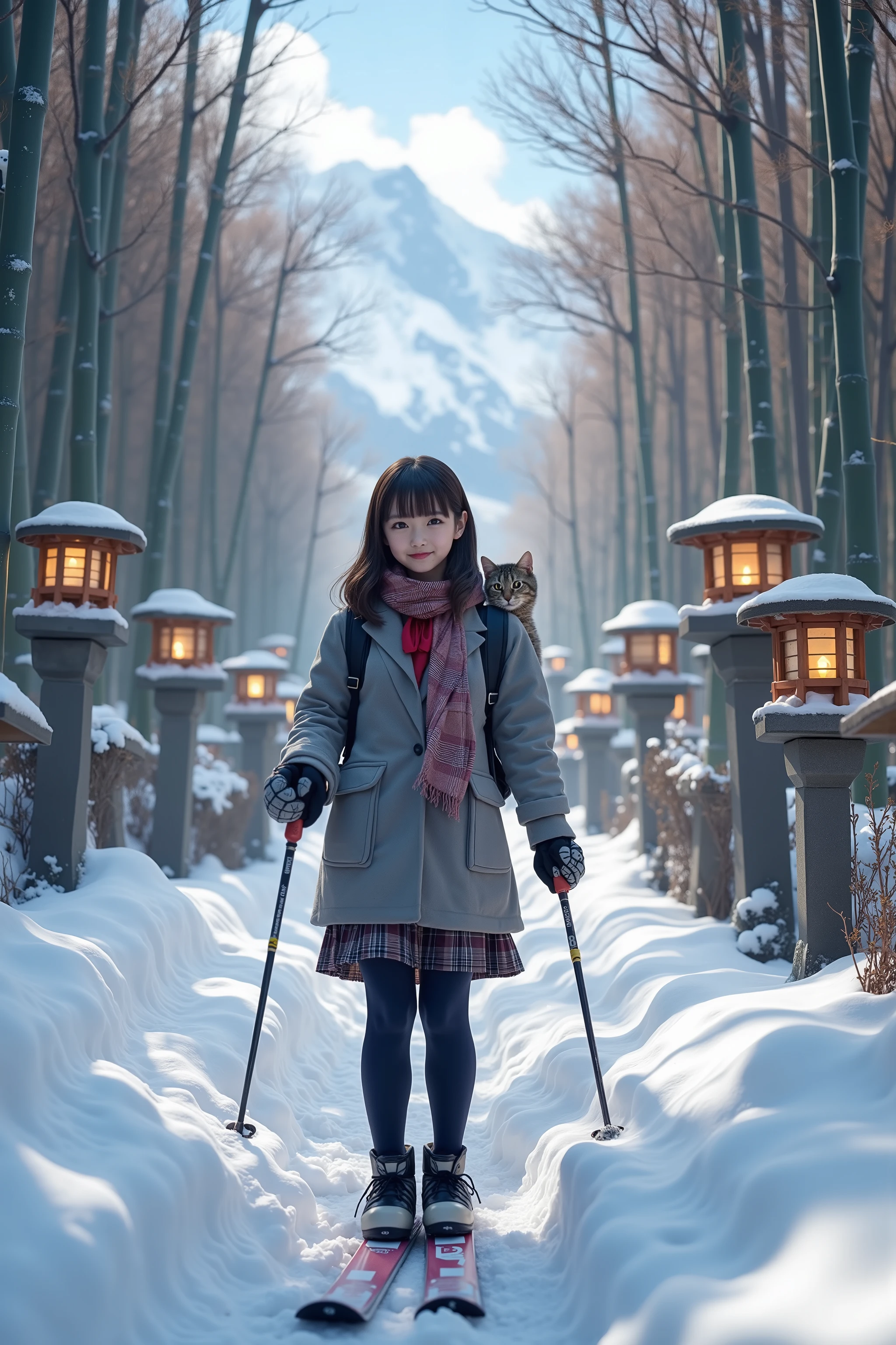 ultra-realistic, photorealistic, dramatic scene, shadow, global-illumination, solo, (Japanese high school girl), very beautiful fragile Japanese girl, (very large breasts), slim waist, (wearing a gray colored Japanese high school cute uniform of white shirt with blazer and skirt), (red ribbon), (stylish winter coat), (cute reddish brown checked woolen scarf), (wearing woolen gloves), (She is wearing dark navy tights), (very large breasts), ski boots, holding ski poles, (The cat is hiding in her backpack), (A giant fat cat peeks out of her backpack), (She is skiing through a steep slope of a deep bamboo forest gracefully gliding past stone lanterns with candles flickering inside), The stone lanterns are evenly spaced casting a warm gentle glow on the snow-covered path creating a serene and enchanting atmosphere, dynamic angle, (soaring snow after her ski), heavy snow, she looks so happy, happy smile, showing a graceful skiing technique, warm winter sunshine, amazing view of high snow mountains beyond the bamboo forest, shoot from behind