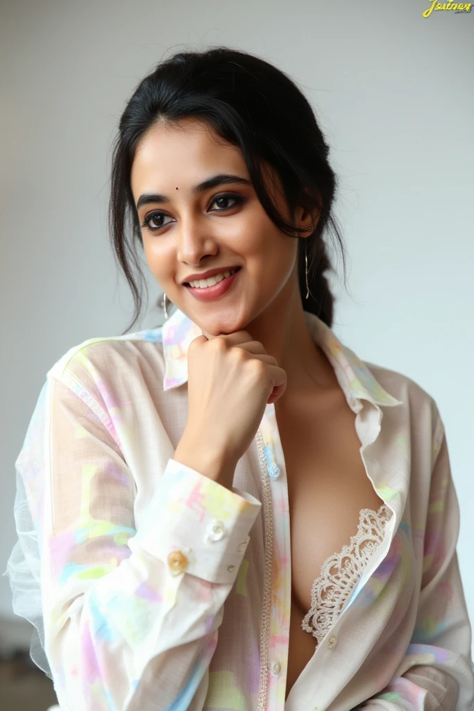instagram photo, 20yo french woman, short hair, black hair, closeup portrait, sweater, cleavage, pale, hard shadows. Make Indian Version of this girl and wear hoody and nice pose with smile. Change dress and background