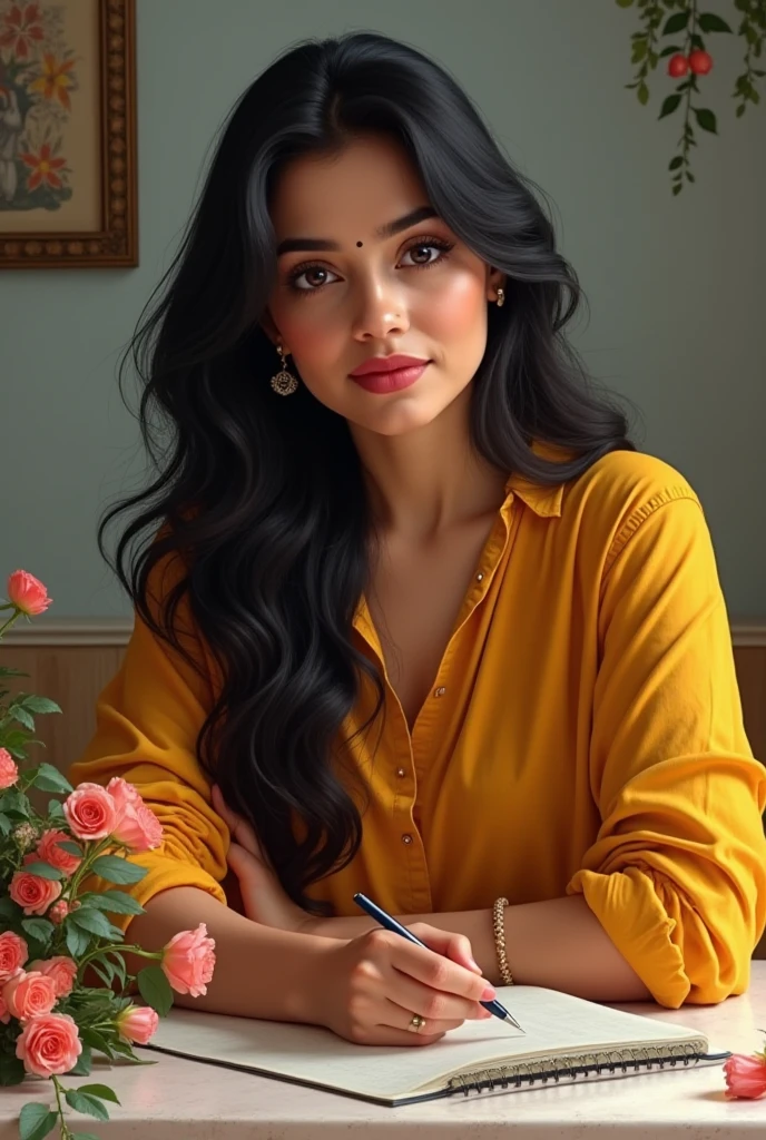 a woman wearing sharee, leaning slightly on the railing of the open balcony and looking outside, open black hair, hair flowing with air, side view, some green small trees