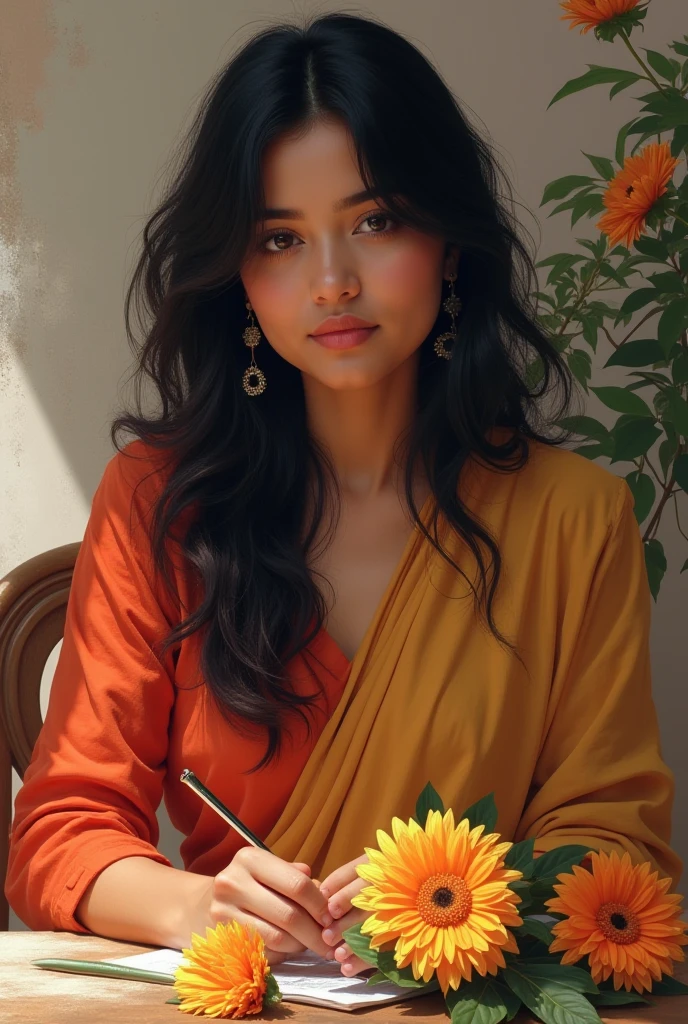 a woman wearing sharee, leaning slightly on the railing of the open balcony and looking outside, open black hair, hair flowing with air, side view, some green small trees
