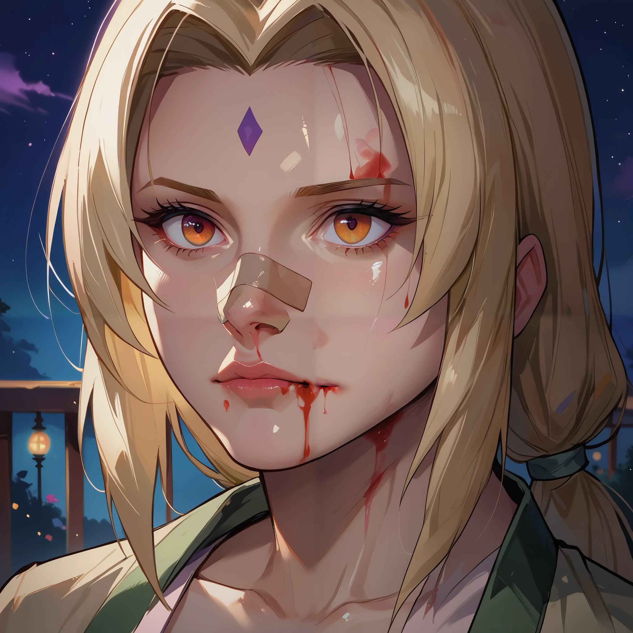 score_9, score_8_up, score_7_up, score_6_up, score_5_up, score_4_up, (shiny skin:1.2), 1woman, Tsunade senju, mature, solo, Blad3Runner, Night, purple lighting, closed mouth, portrait, bandaid on nose, bandaid on face,blurry background, blood on face,]