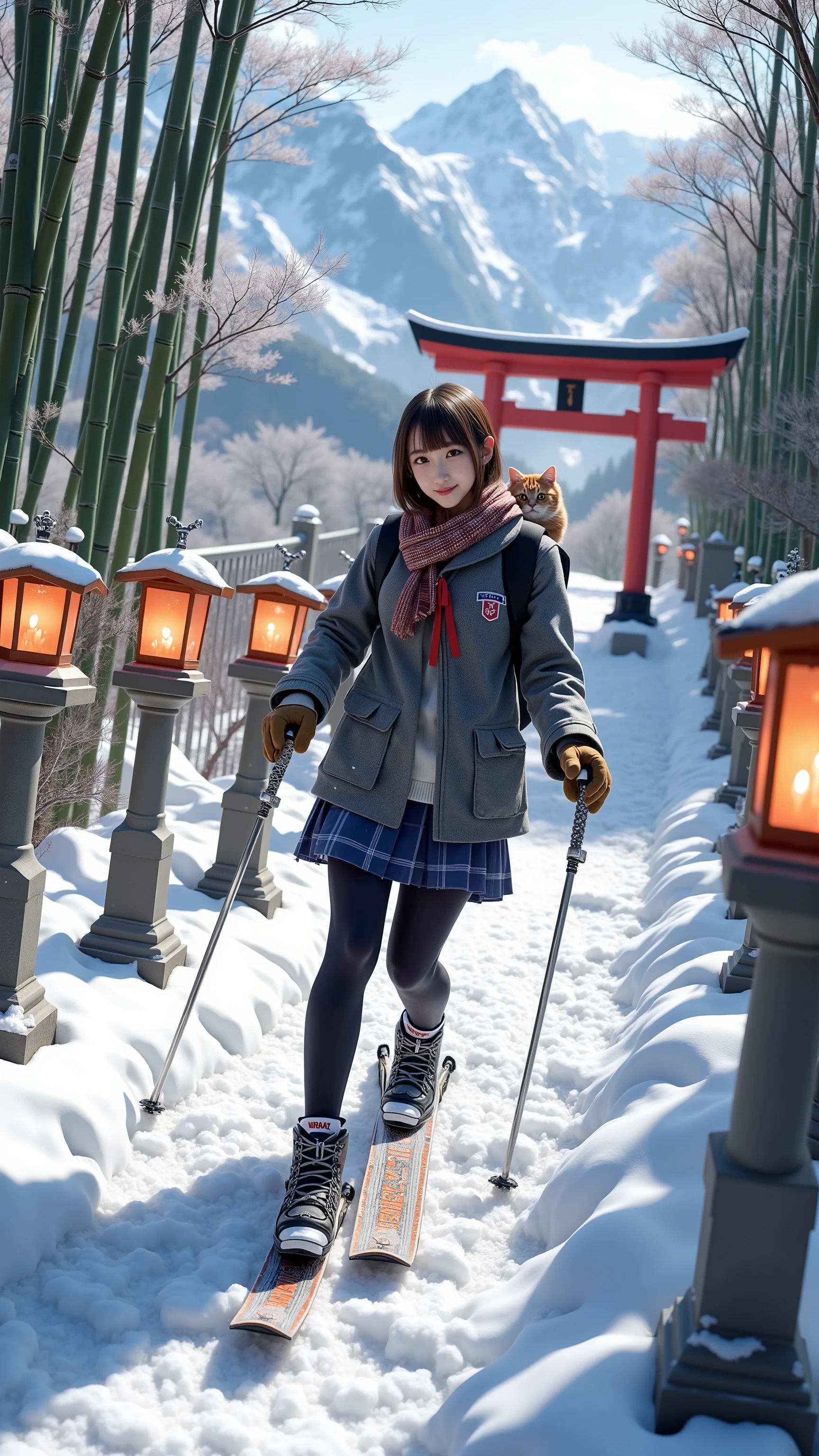 ultra-realistic, photorealistic, dramatic scene, shadow, global-illumination, solo, (age Japanese famous idol girl), very beautiful fragile Japanese girl, very beautiful with very cute but boyish cool face, (very large breasts), slim waist, (wearing a gray colored Japanese high school cute uniform of white shirt with blazer and skirt), (red ribbon), (stylish winter coat), (cute reddish brown checked woolen scarf), (wearing woolen gloves), (She is wearing dark navy tights), (very large breasts), sporty patterned Professional ski boots with a plastic shell, holding ski poles, (The cat is hiding in her backpack), (A giant fat cat peeks out of her backpack), (She is skiing through a steep slope of a deep bamboo forest gracefully gliding past stone lanterns with candles flickering inside), The stone lanterns are evenly spaced casting a warm gentle glow on the snow-covered path creating a serene and enchanting atmosphere, dynamic angle , acrobatic pose, (soaring snow after her ski), Red torii gate of the shrine, heavy snow, she looks so happy, happy smile, showing a graceful skiing technique, quick turn, warm winter sunshine, amazing view of high snow mountains beyond the bamboo forest