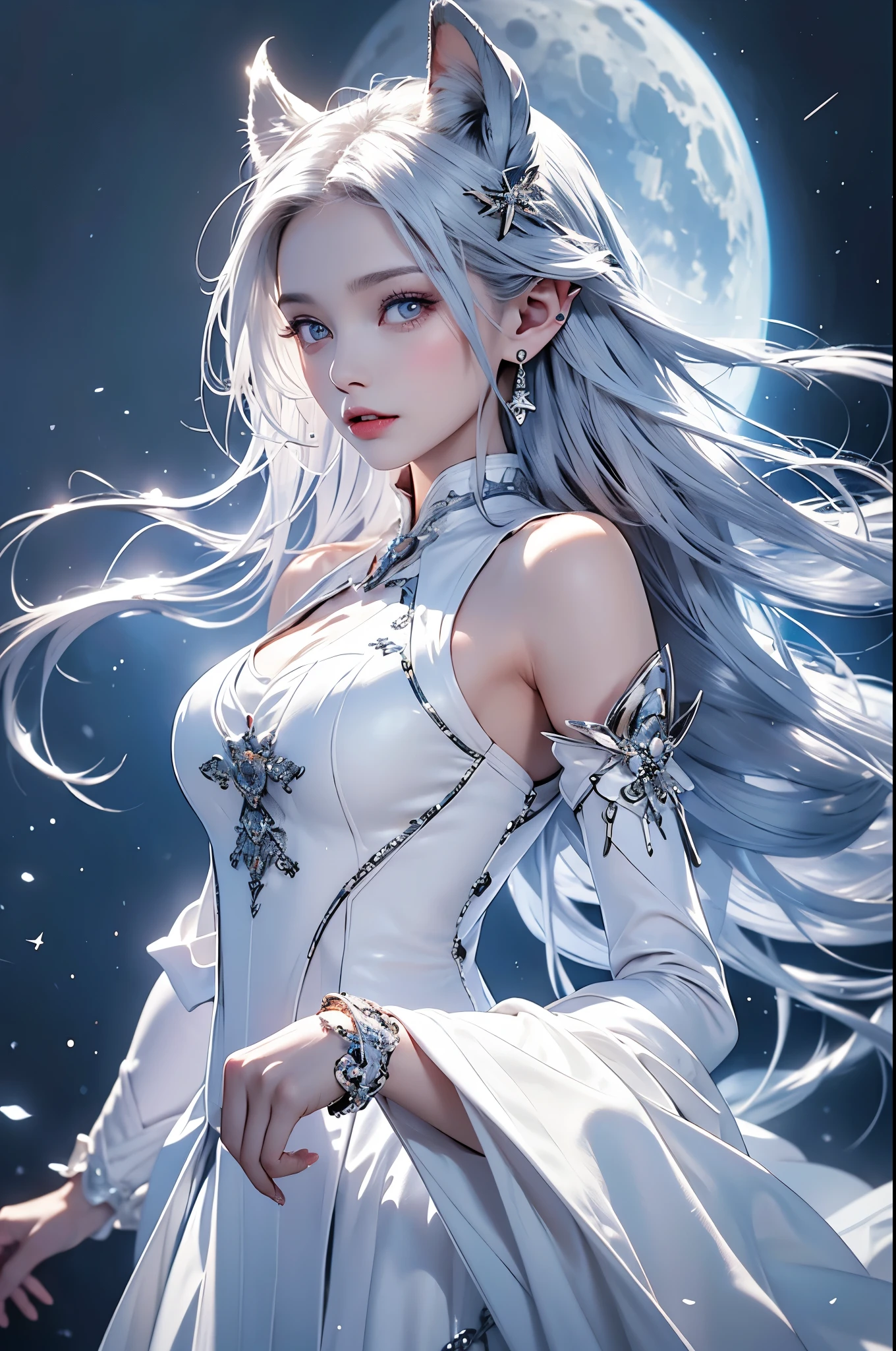 ((masterpiece, Highest quality)),Ultra-high resolution, (realism: 1.4),Best illustrations,Line art,Very condensed adult female,Delicate and beautiful features,Slit eyes,Sharp face,Very detailed white coat,Silver Hair,Wolf ears,Big tail,Fantasy,Roaring against the backdrop of the full moon and wilderness,Roaring Woman,Double teeth,wide aperture,Unreal 5,Scattered beneath the surface,Anatomically correct,Low angle shot