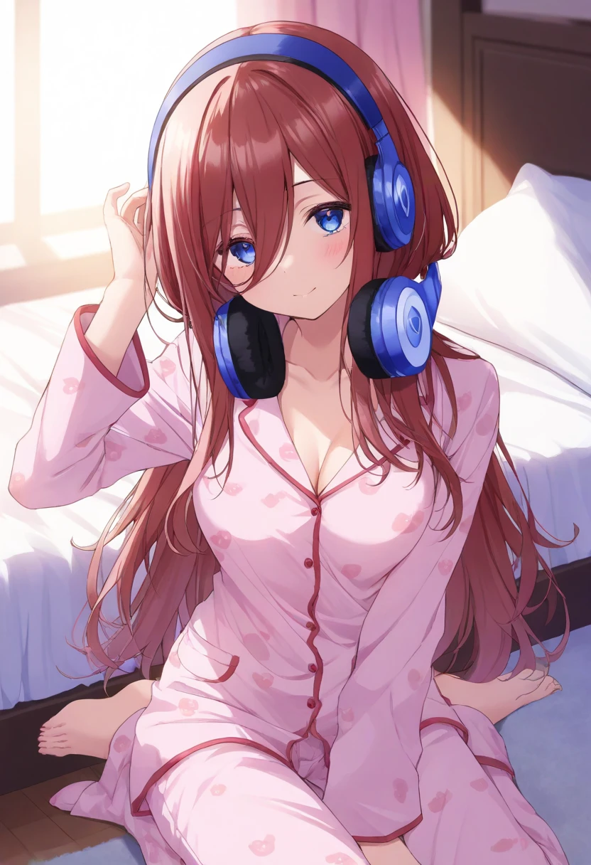 (A girl lounging in her bedroom), (a PC monitor turned on, a gaming chair), (a cluttered room), (fetal position), (perfect face), Sparkling, (masterpiece, best quality), (absurdres absolutely resolution), (8k), (detailed illustration), (super fine illustration), (professional lighting), (vivid color), detailed beatiful face, detailed beatiful eyes, detailed beatiful hair, perfect body, perfect hands, dynamic pose, dutch angle}, , looking at viewer, miku nakano, long hair, bangs, blue eyes, brown hair, shirt, hair between eyes, cardigan, headphones around neck, mature female, medium breasts
