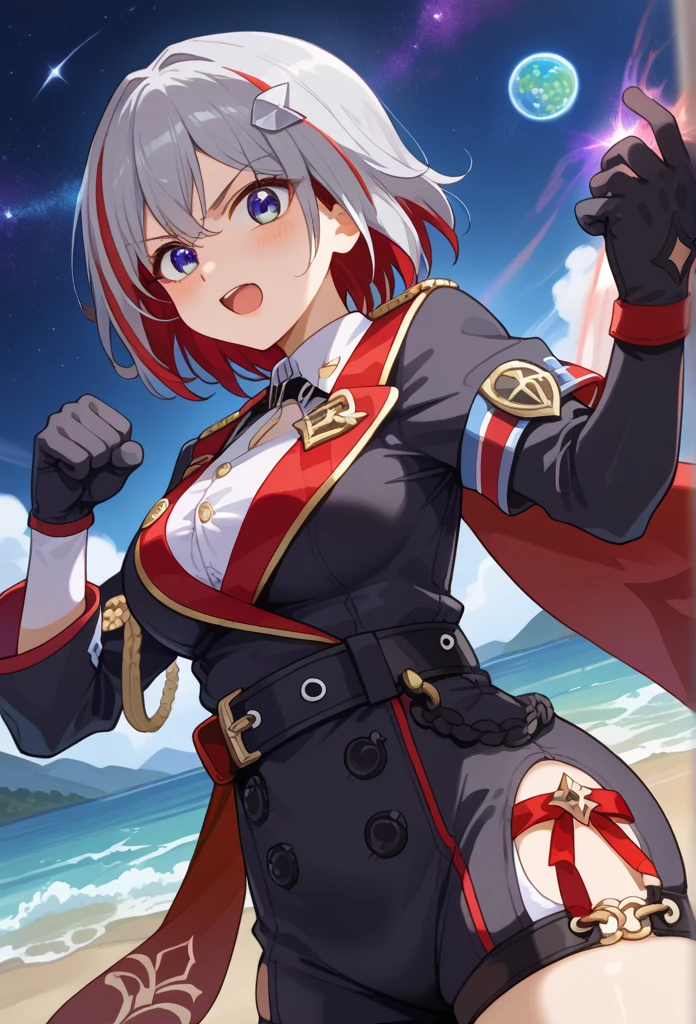  score_9,  score_8_up,  score_7_up,  source_Anime,  1 girl , ,  blue eyes, Red Hair,  white-haired, Grey Hair, multicoloRed Hair,  Bicolor Hair ,  striped hair, Colored inner hair,  shorthair,  hair ornament ,  Big Breasts , Bare Skin,  detached sleeve, gem,  white shirt,  colored shirt ,  clevis,  button gap ,  clevis cutout,  clothes cutout , Covered navel,  Black Gloves , elbow gloves, black belt,  black shorts ,  hip vent,  thigh strap to hide one ear, Mole on thigh,  red cloak, side cape ,  standing, the smell of topaz ,Topaz is a monkey fist wielder , Topaz is steeped in the smell of fighting , Topaz is learning martial arts self-defense techniques ,Topaz is in a normal posture , Topaz learned to fight from an early age , Topaz was raised by Irene in Virtua Fighter 5 to become a monkey fist, smile,  open mouth,  watch viewers, Wavy, hands on ,  portrait, close-up, indoor,  Space Station , Spaceship, starry null, star \(null\), moon, Namby, pig, animal, 