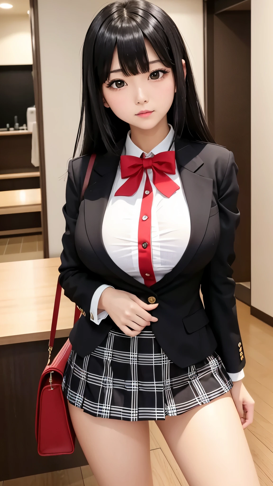 Detailed face、highlight、Asian、girl、thigh、breast enhancement、black髪、Heavy bangs、(Checked skirt、)(blazer、red、black、)