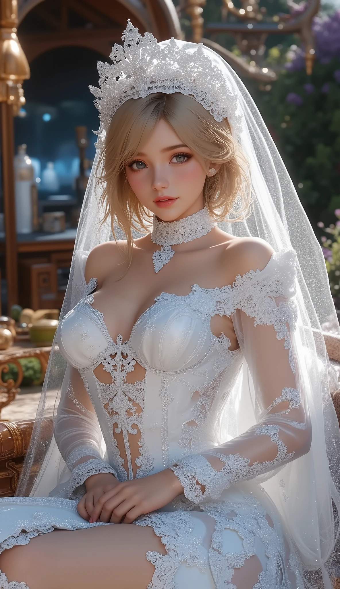 best quality , HD, 16k, unbelievably absurd, very detailed, 2.5D, delicate and dynamic , Kiri Reina Female , bewitching smile, ( big breasted :1.2), ( bust up and firm shape :1.2), (lifts the chest:1.2), ( Perky Breasts :1.2),( Deep Cleavage :1.4), pure white wedding dress , great style , bouquet, steampunk, DIESEL PUNK , clock punk , cyberpunk, Glitter Effects