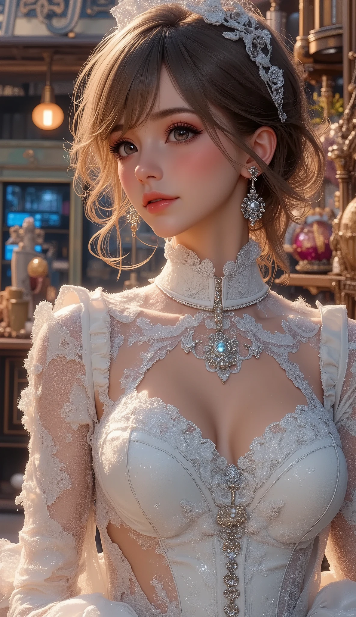 best quality , HD, 16k, unbelievably absurd, very detailed, 2.5D, delicate and dynamic , Kiri Reina Female , bewitching smile, ( big breasted :1.2), ( bust up and firm shape :1.2), (lifts the chest:1.2), ( Perky Breasts :1.2),( Deep Cleavage :1.4), pure white wedding dress , great style , bouquet, steampunk, DIESEL PUNK , clock punk , cyberpunk, Glitter Effects