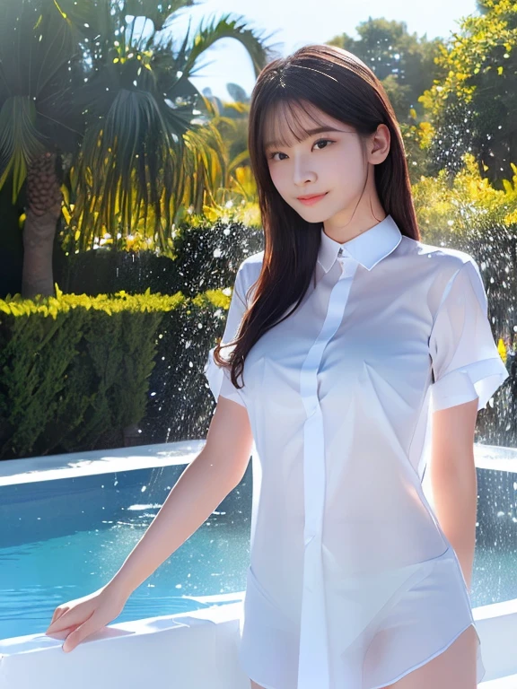 Close-up of a woman in a white shirt and shorts at the pool, ((Best ○f the highest quality, 8K, masterpiece: 1.3, raw photo)), Sharp focus: 1.2, (1. Espa, slim body type female, 21 and/○: 1.1),独奏: 1.2), (Realistic, photo-Realistic:1.37), face focus, Cute face, Finely grained, (Small breasts, thigh: 1.3), short messy hair, updo, (neat business blouse, White panties: 1.4), (standing in the pool: 1.2)