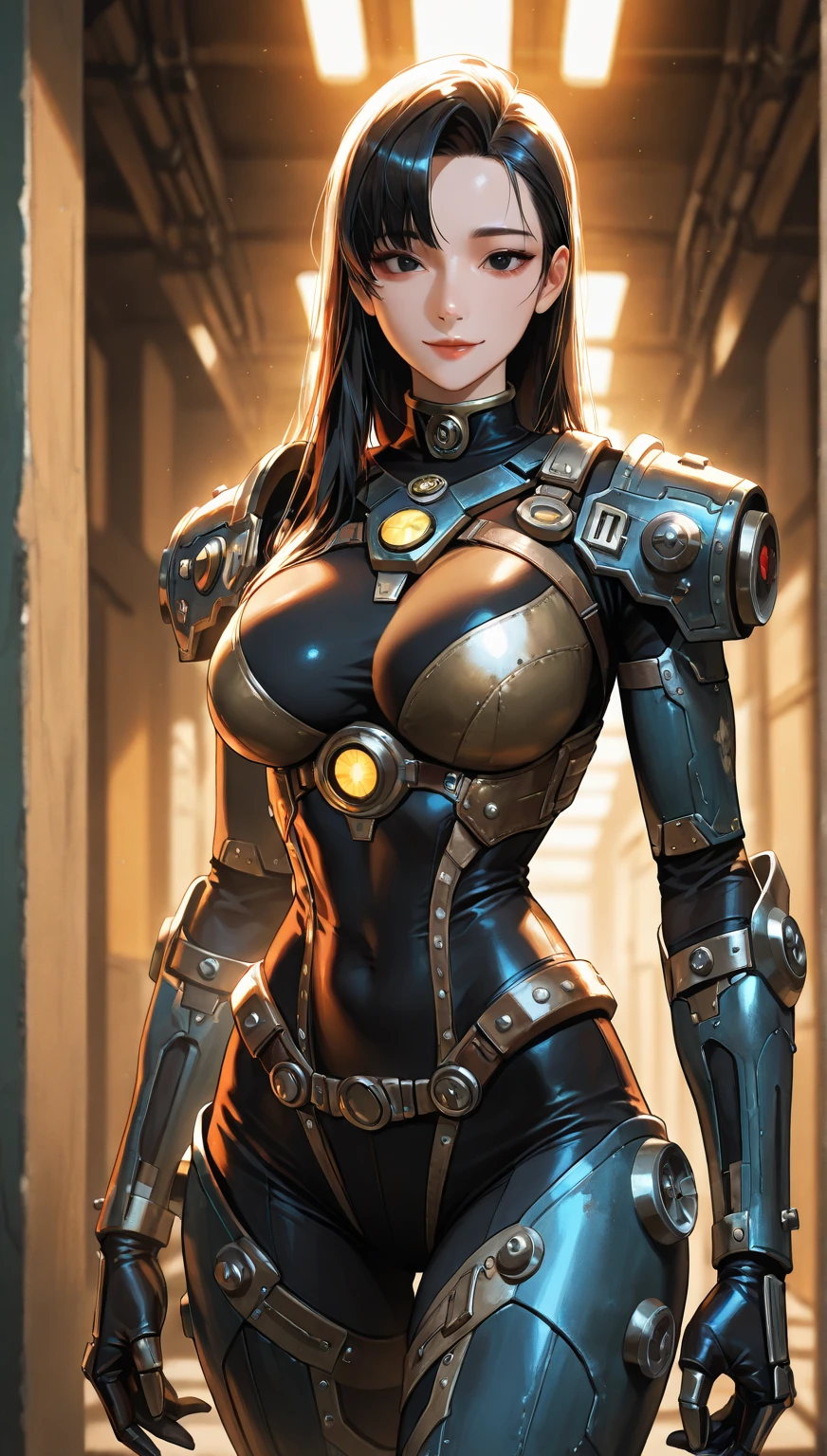 nsfw, anime screencap, 16K, perfect anatomy proportion body, perfect hands, action, A dynamic composition with a sense of speed and movement, (open cockpit, Ride a large steam engine bike:1.6), a wife, 40age, perfect beautiful delicate sexy face, perfect beautiful delicate eyes, brown hair, short bob hair, gigantic tits, abs, Sophisticated chainmail-clad heavy armored robotic steam engine full armor powered suit, Many robot soldiers having a gunfight in the background, Flying bullets, Desert Battlefield, war, Post-apocalyptic,