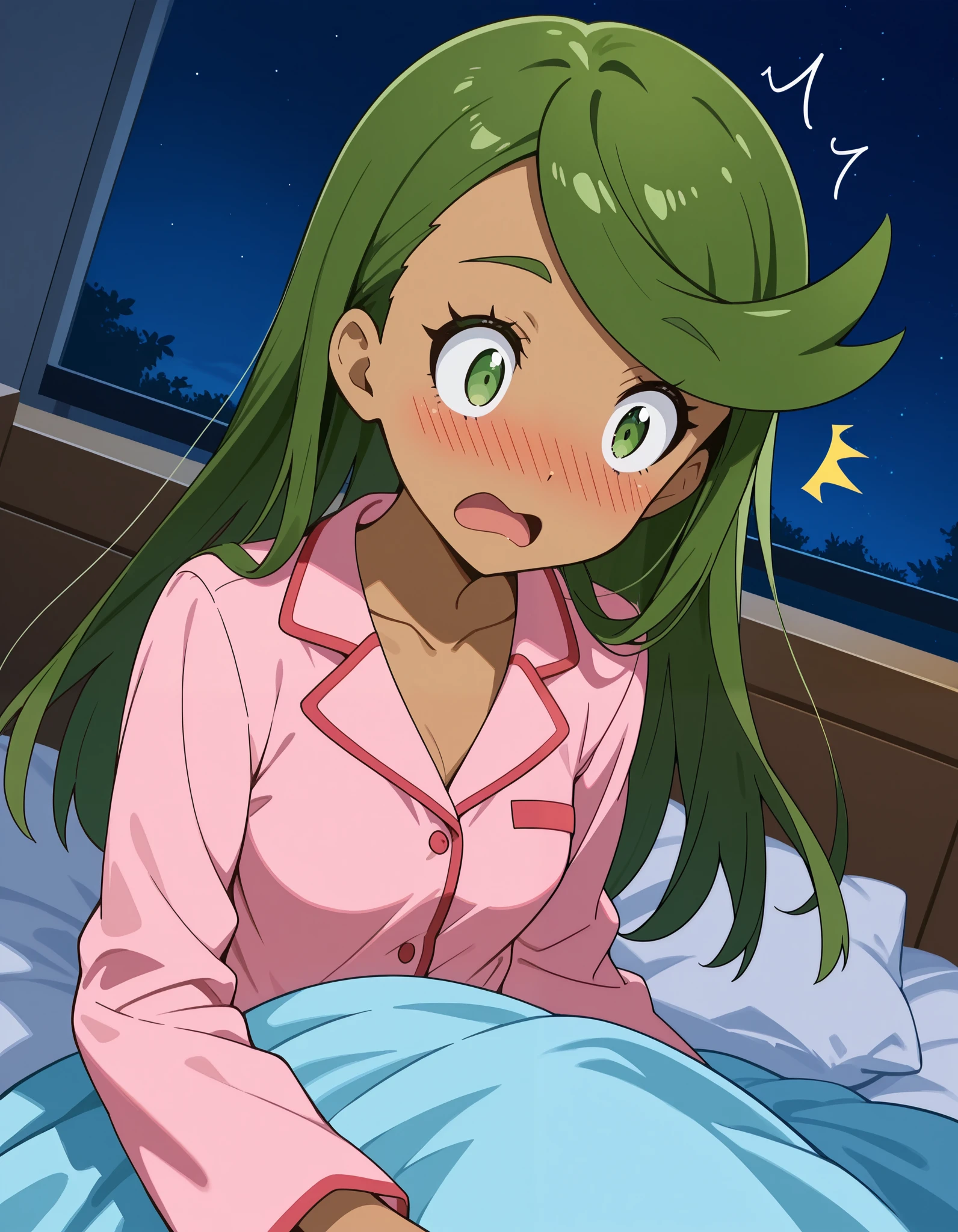 score_9, score_8_up, score_7_up, source_anime, mallow, 1girl, solo, long hair, hair down, , green  eyes,  wide-eyed, green hair, dark skin, dark-skinned female, lovely small breasts, swept bangs, mallow (pokemon), a surprised face,  open mouth, looking away,  head tilt, nose blush, blush, collarbone,  pink silk pajamas, indoor, bedroom, night time, on the bed,  straighten own upper torso,  blanket,  in  the  blanket. Dutch angle. 