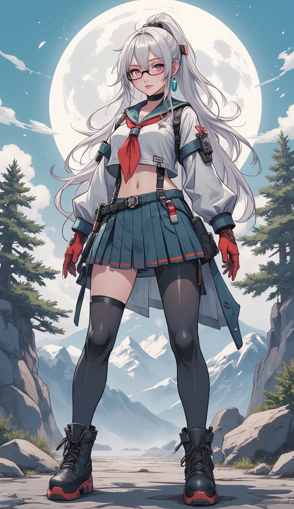 Composition from Head to Toe 、 full body view、( masterpiece, ultra-detailed , envelopes, Clear focus, shadow, ultra high resolution , 8K, anatomía perfecta, Perfect face, ( detailed face ), ( Detailed eye ), a young anime woman with long silver hair tied in a high ponytail . Standing from head to teo, She wears fine-framed glasses and turquoise blue pendant earrings . Her outfit consists of a short sailor-style top in light gray with a red tie, that reveals her shoulders and part of her abdomen . Underneath she wears a matching pleated skirt that ends above her thighs . A detail that resembles a thin chain or choker around her thigh . She also wears a thin necklace with a small pendant . Her skin has a soft shade , and there is a slight blush on her cheeks.
She Standing from head to toe. 、red gloves、 stockings , boots, The background is mountain with full moon