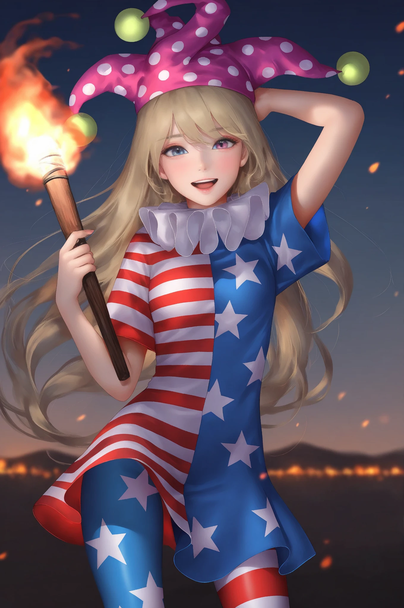 masterpiece, best quality, perfect lighting, 1girl, solo, from front, blush, dance, (night club background:1.0), full body, (cleavage:0.87), jester cap, polka dot, (american flag skin tight micro dress:1.05), open shoulders, american flag thighhighs, american flag long gloves, star \(symbol\), holding drink,<lora:touhou_clownpiece:1>