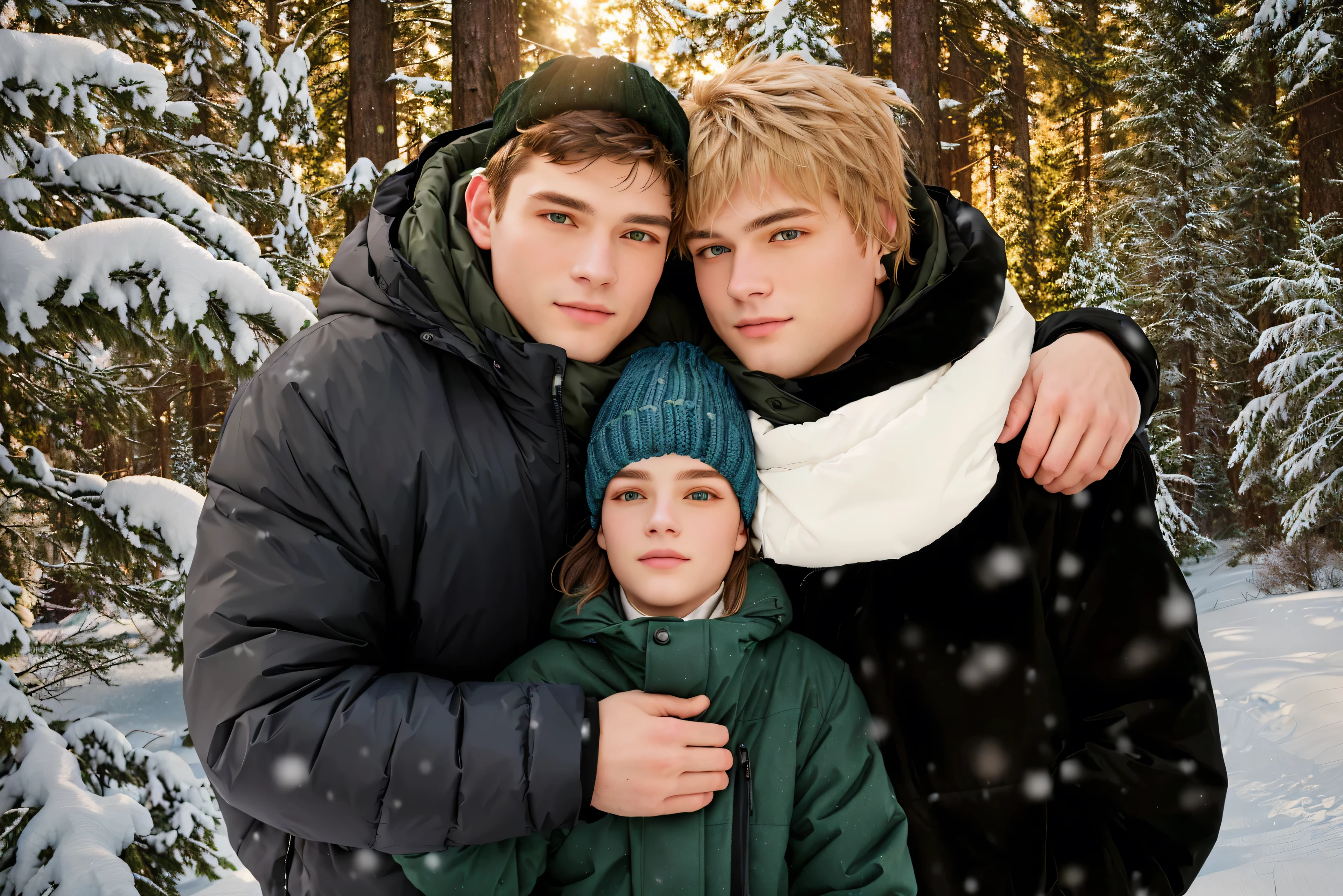 in a snowy forest stands a man in a black jacket , hugs a boy in a green jacket and a blue hat, and a woman in a black coat with a white scarf , photographic photo , top quality , extreme detail , detailed hair , masterpiece, 8k