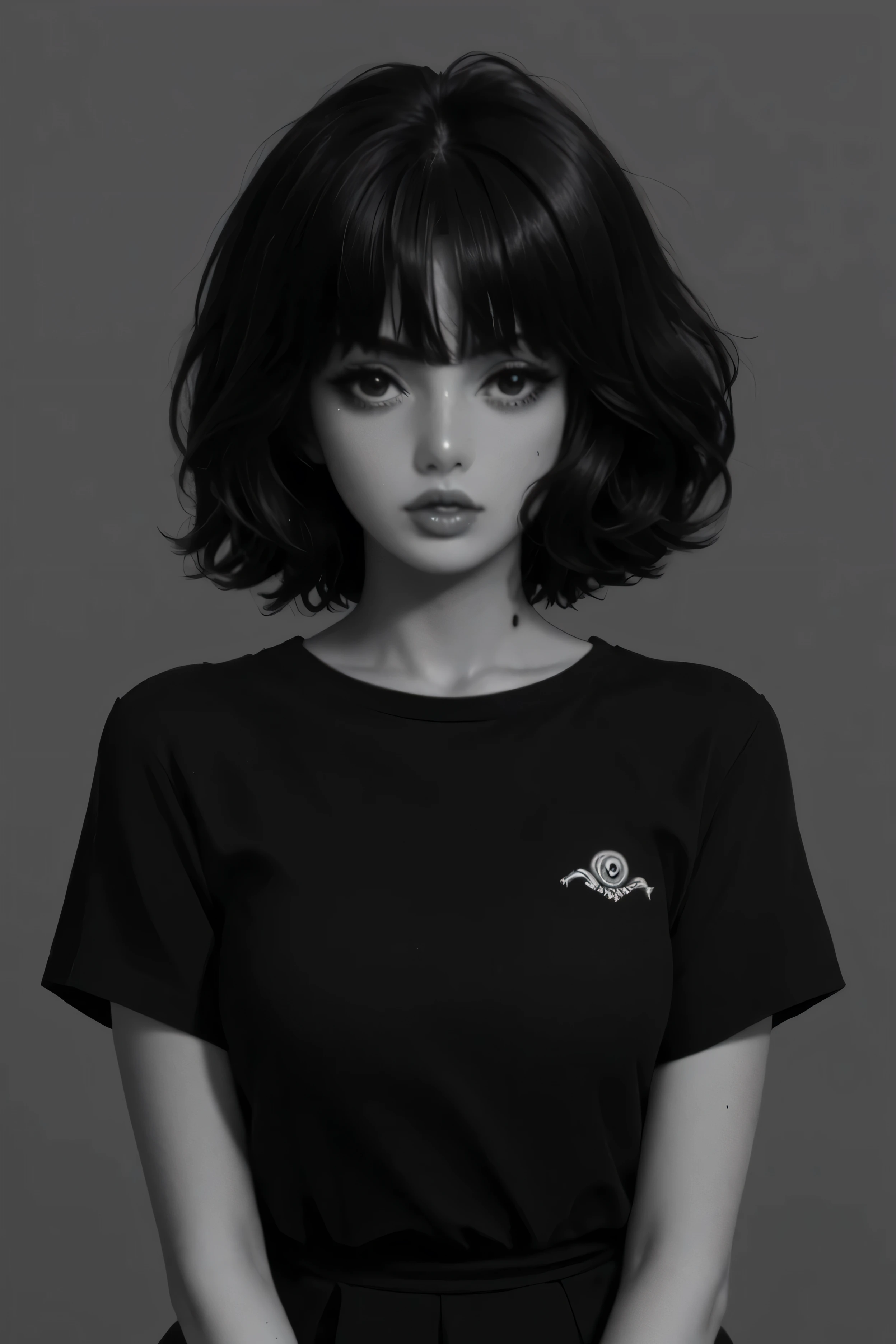 (best quality, sketch:1.2),realistic,illustrator,anime,1 girl, detailed lips, black dress,custom, (background dark monochrome), dark hair,textured cropping, masterpiece, style retro classic, noir dark, art, sketch book, (bob hair black:1.75 neon:1.32), bad women , dark shadows , lisa