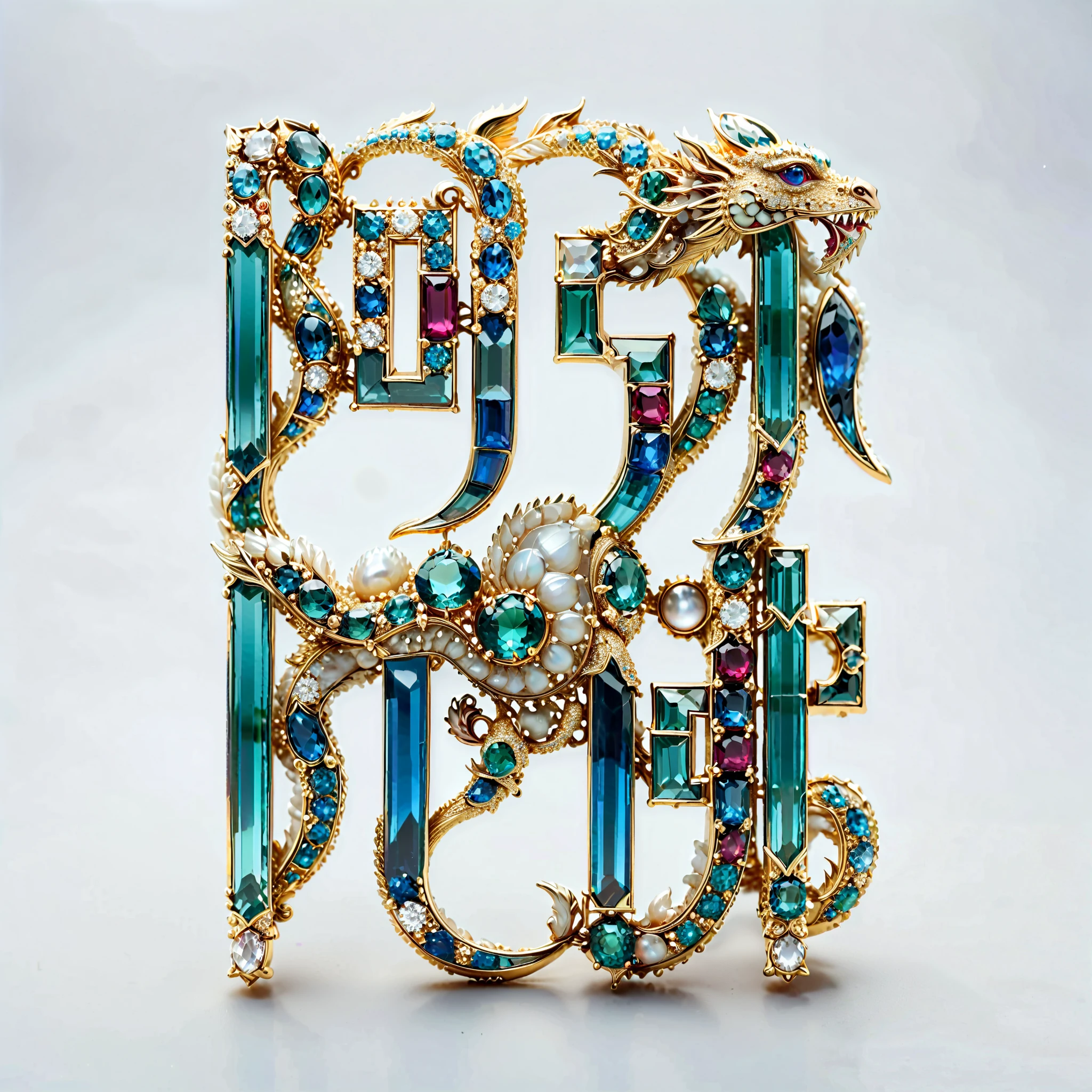 masterpiece. exquisite brooch , Depicts a Malagasy tourmaline dragon , precious gemstone . Exquisite craftsmanship . high quality . excellent improvement . (( super detailed )). Table decoration , and beautifully decorated jewels with mother-of-pearl , opal, ruby. lapis lazuli. masterpiece hors norme. A gorgeous and authentic . ultra-realistic .. (( white background ))