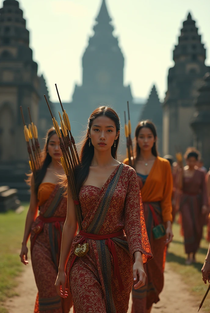 A powerful scene showing thousands of women standing on a road, each holding a sword and displaying intense anger. The women should be in traditional attire, with their expressions conveying strong determination and rage. The road should be filled with these women, highlighting their collective defiance and strength. Include dramatic lighting and a tense atmosphere to emphasize their unity and reso