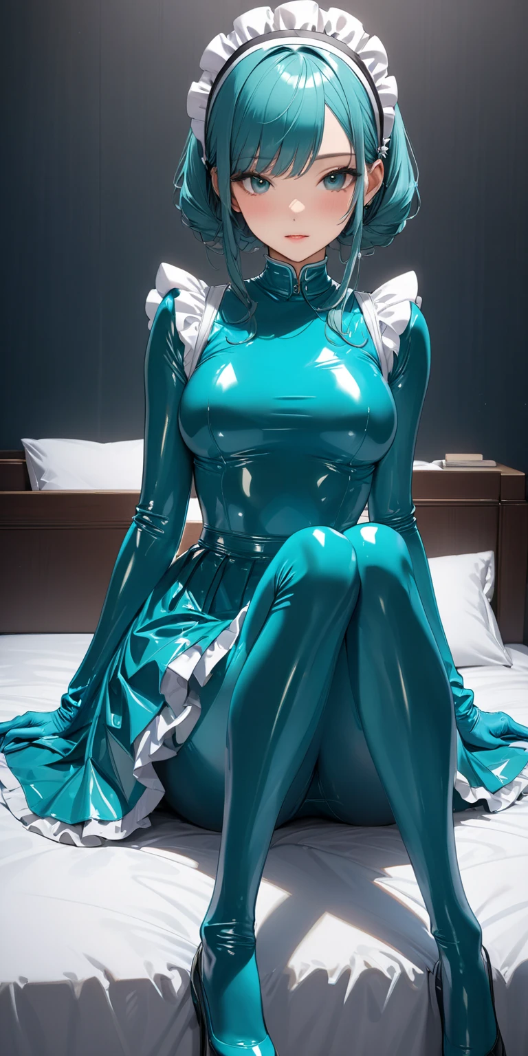 Portraiture、(masterpiece,Highest quality,Ultra-high resolution),Japanese women, Maid Headband、(((A very beautiful 25 year old)))、(She's wearing a glossy, pale turquoise latex long-sleeved maid outfit..)、The dress has a simple design without any patterns....、(((Long skirt made of pale turquoise latex.)))、Pale turquoise latex gloves、((Pale turquoise latex bodysuit))、Sitting on a bed in a dark room