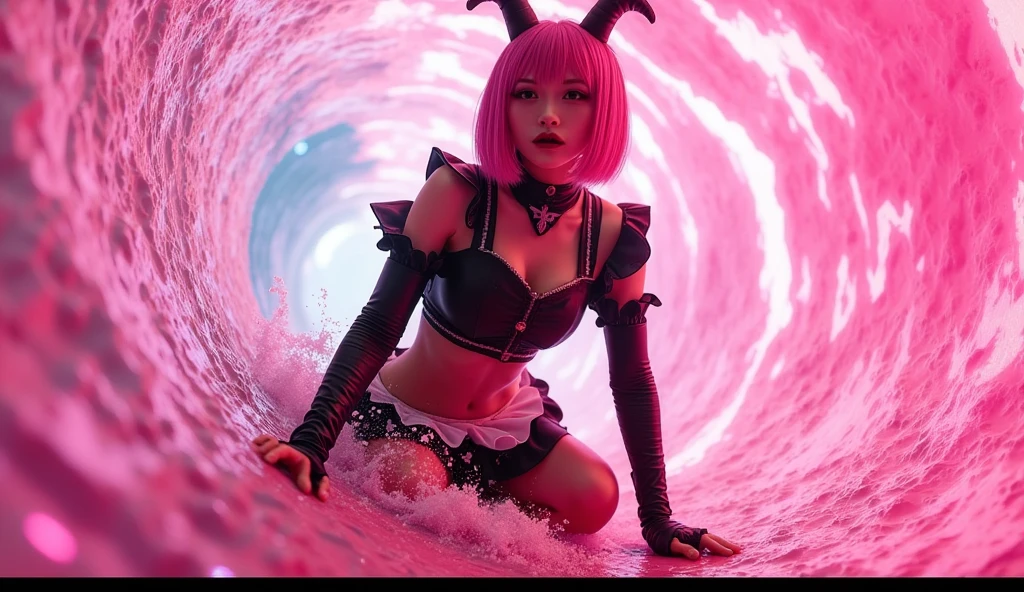 masterpiece,highest quality,Beauty,Pink Hair,bangs,Bobcut,nurse cap,Big Breasts,(Black Bondage),(Devil Nurse),(holding a big scythe in his hand),(Bat wings on shoulders),(Devil&#39;s Tail),Cemetery at night,