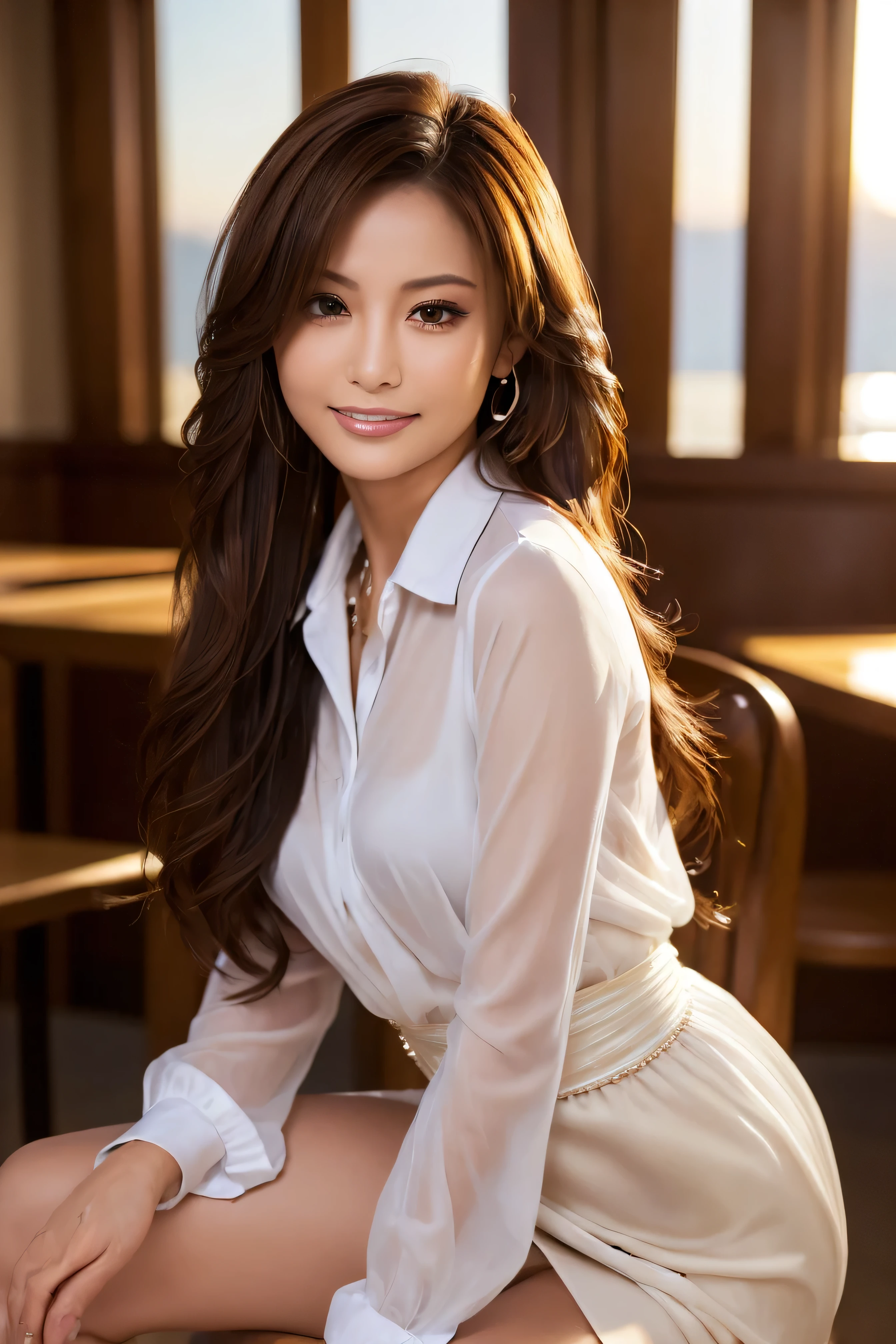 Woman wearing a pearl necklace,  cinematic photo ,(Ultra  realistic,  high resolution), (Highly detailed eyes,  HAIR DELICATED IN DELICATION, highly  detailed color,  plump lips that smile modestly， perfect anatomy),( best quality :1.4), ( realistic, photo- realistic:1.37),  professional photos,   Cinematic Light , ( detailed color: 1.2),   waistline ,smile,   curvy woman  , Very thin fingers ,  Highly Detailed Nose, ,((((wearing wrapping collared mini dress with see through long sleeves:1.4)、((run her fingers through her hair:1.5))))((sunset,Big House, Seaside restaurant background:1.5)) ((standing gracefully:1.6))((Place your left hand gently on your chin:1.5))((sitting on a chair:1.5))((Sitting elegantly with crossed legs:1.5))(full figure supermodel standing, entire body in frame:1.4)((Holding warm coffee in her hand:1.4)) ((wearing white high heels:1.5))((Super long brown hair reaching to her waist:1.4)),