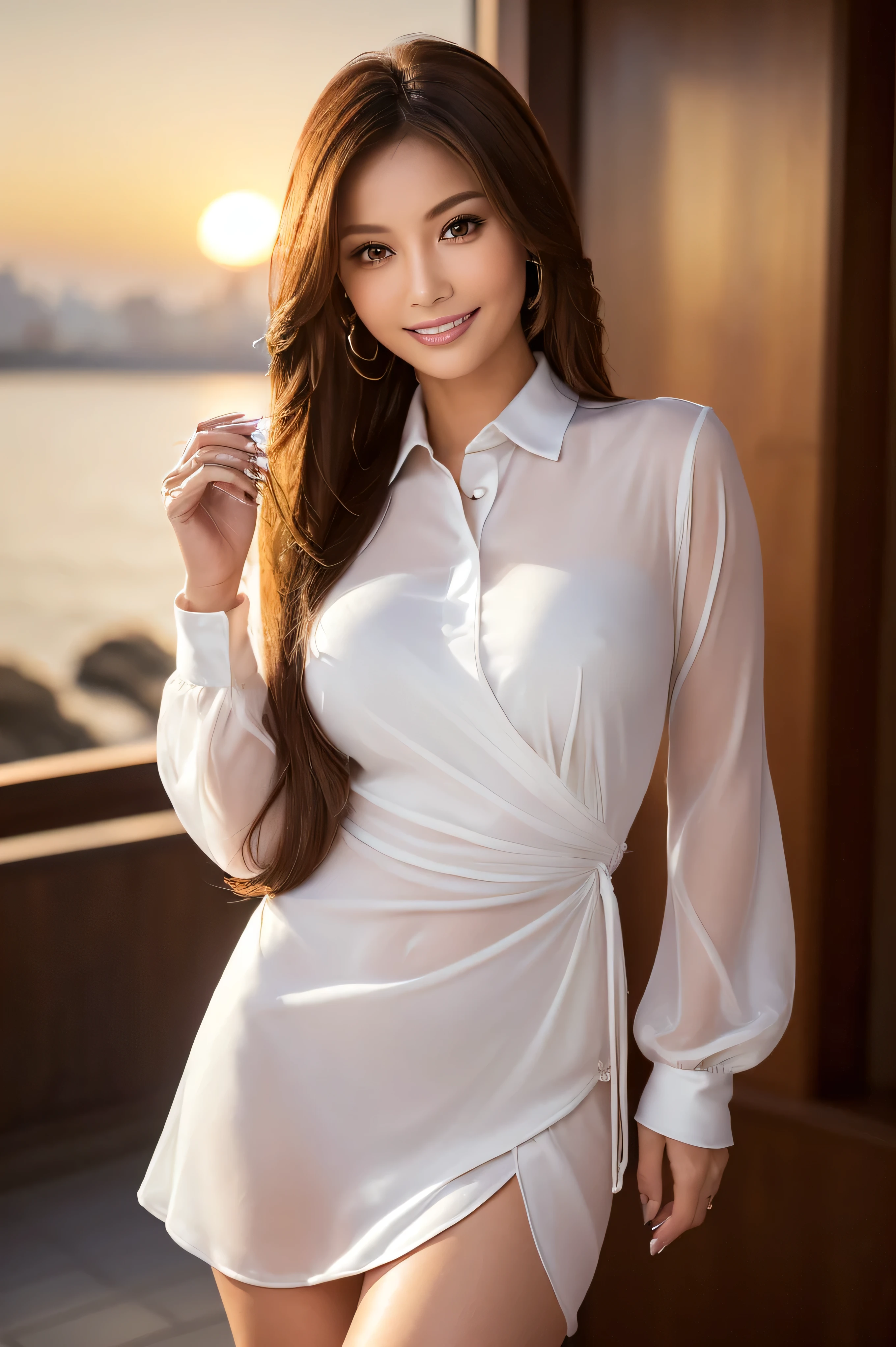 Woman wearing a pearl necklace,  cinematic photo ,(Ultra  realistic,  high resolution), (Highly detailed eyes,  HAIR DELICATED IN DELICATION, highly  detailed color,  plump lips that smile modestly， perfect anatomy),( best quality :1.4), ( realistic, photo- realistic:1.37),  professional photos,   Cinematic Light , ( detailed color: 1.2),   waistline ,smile,   curvy woman  , Very thin fingers ,  Highly Detailed Nose, ,((((wearing wrapping collared mini dress with see through long sleeves:1.4)、((run her fingers through her hair:1.5))))((sunset,Big House, Seaside restaurant background:1.5)) ((standing gracefully:1.6))((Place your left hand gently on your chin:1.5))(full figure supermodel standing, entire body in frame:1.4)((Holding warm coffee in her hand:1.4)) ((wearing white high heels:1.5))((Super long brown hair reaching to her waist:1.4)),((standing gracefully:1.6))
