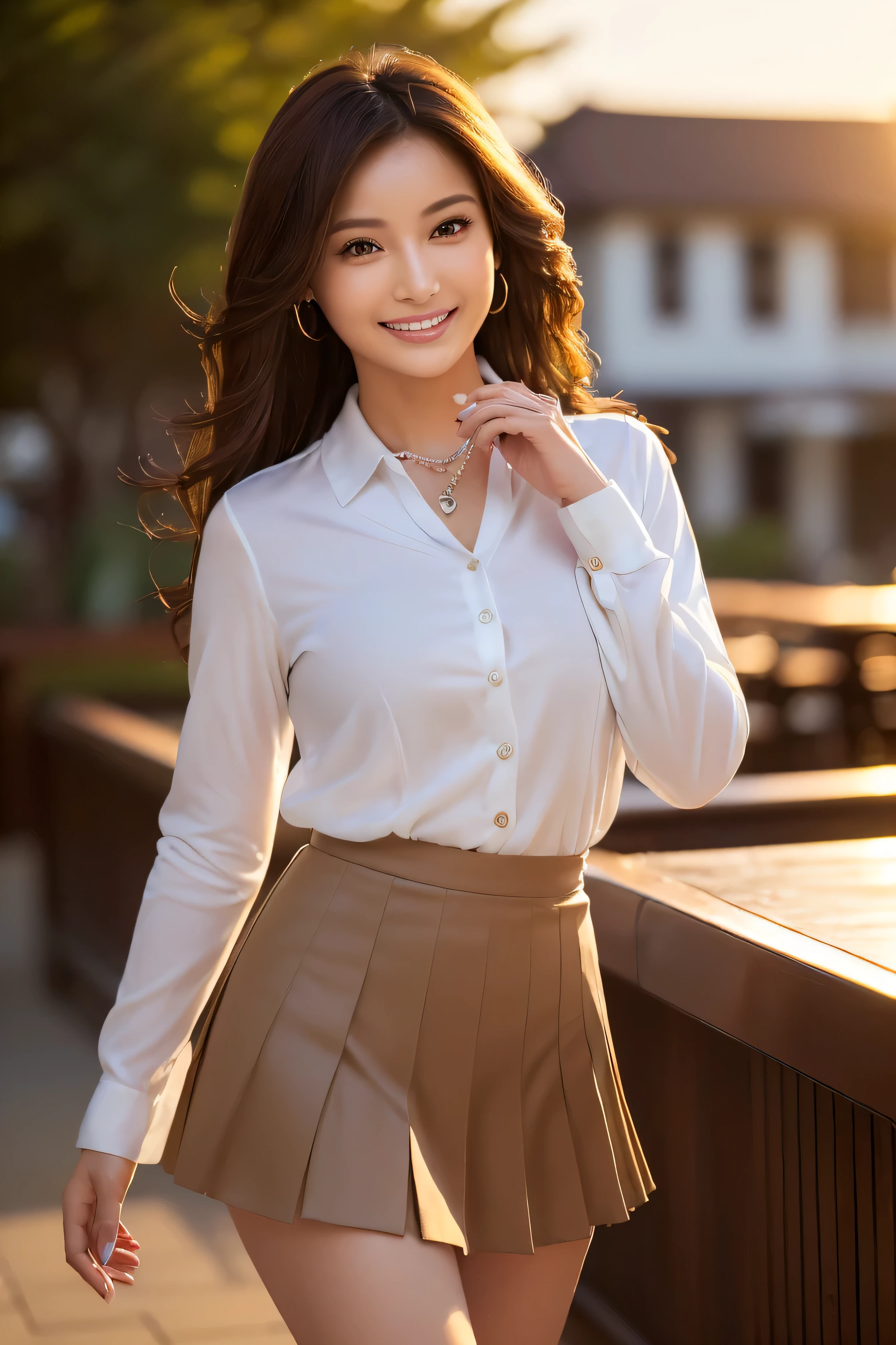 Woman wearing a pearl necklace, cinematic photo ,(Ultra realistic, high resolution), (Highly detailed eyes, HAIR DELICATED IN DELICATION, highly detailed color, plump lips that smile modestly, perfect anatomy),( best quality :1.4), ( realistic, photo- realistic:1.37), professional photos, Cinematic Light , ( detailed color: 1.2), waistline ,smile, curvy woman , Very thin fingers , Highly Detailed Nose, ,((((wearing white long sleeve button up blouse_brown pleated mini skirt:1.4)、((run her fingers through her hair:1.5))))((sunset,Big House, Seaside restaurant background:1.5)) ((standing gracefully:1.6))((Place your left hand gently on your chin:1.5))(full figure supermodel standing, entire body in frame:1.4)((Holding warm coffee in her hand:1.4)) ((wearing white high heels:1.5))((Super long brown hair reaching to her waist:1.4)),((standing gracefully:1.6))