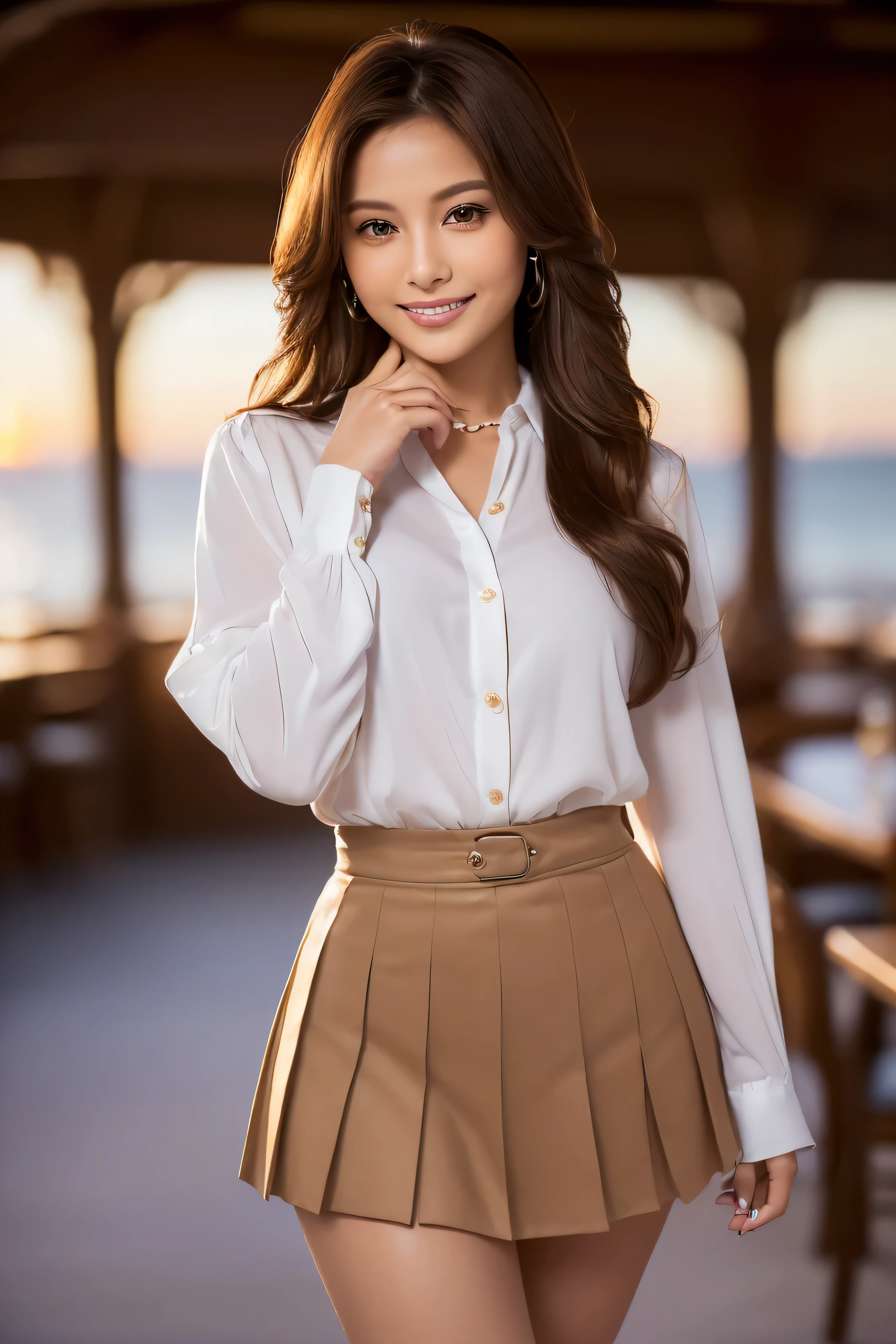 Woman wearing a pearl necklace,  cinematic photo ,(Ultra  realistic,  high resolution), (Highly detailed eyes,  HAIR DELICATED IN DELICATION, highly  detailed color,  plump lips that smile modestly， perfect anatomy),( best quality :1.4), ( realistic, photo- realistic:1.37),  professional photos,   Cinematic Light , ( detailed color: 1.2),   waistline ,smile,   curvy woman  , Very thin fingers ,  Highly Detailed Nose, ,((((wearing white long sleeve button up blouse_brown pleated mini skirt:1.4)、((run her fingers through her hair:1.5))))((sunset,Big House, Seaside restaurant background:1.5)) ((standing gracefully:1.6))((Place your left hand gently on your chin:1.5))(full figure supermodel standing, entire body in frame:1.4)((Holding warm coffee in her hand:1.4)) ((wearing white high heels:1.5))((Super long brown hair reaching to her waist:1.4)),((standing gracefully:1.6))