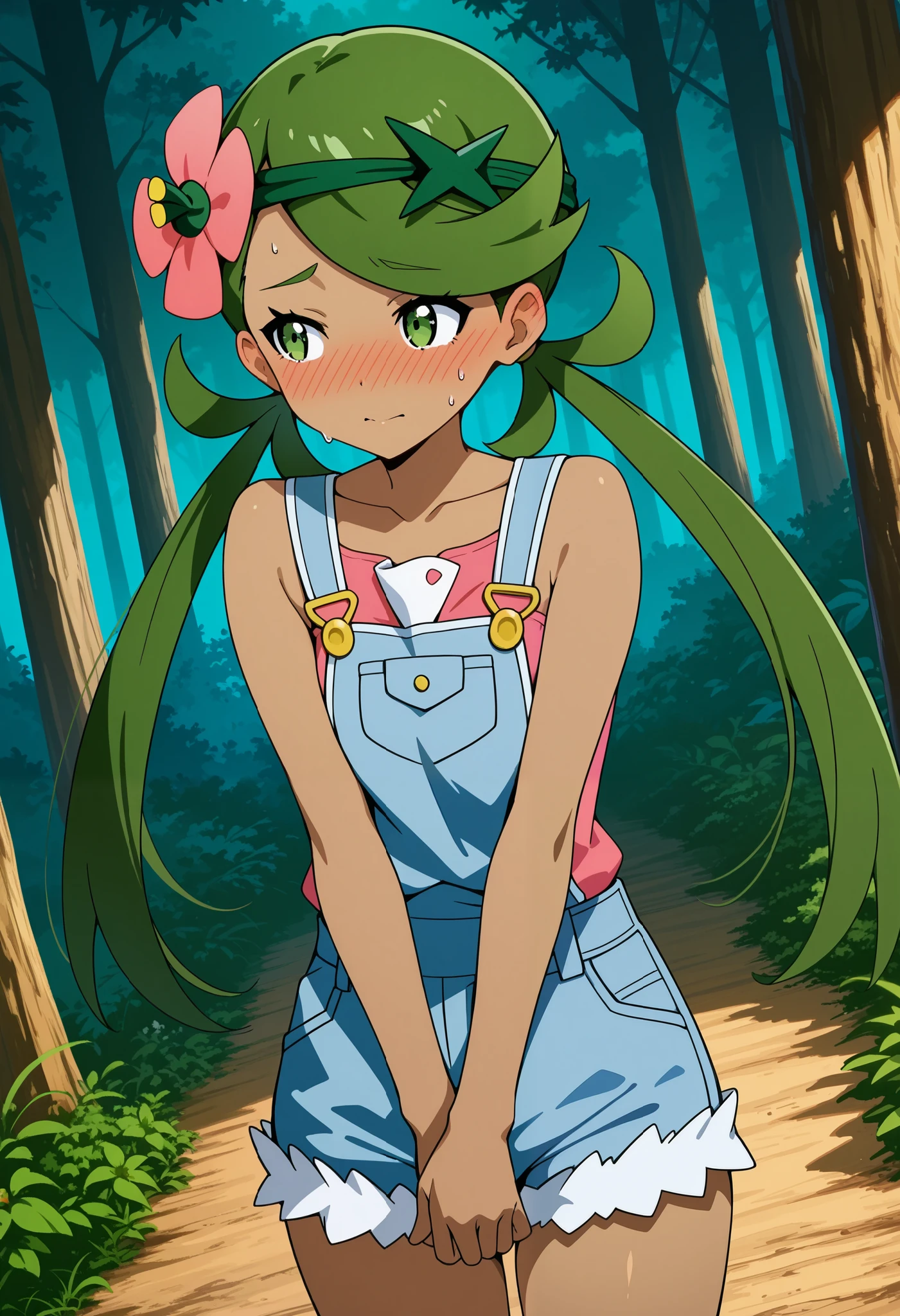 score_9, score_8_up, score_7_up, source_anime, mallow, 1girl, solo, long hair, bangs, hair ornament, twintails, green eye, flower, green hair, hair flower, dark skin, dark-skinned female, swept bangs, mallow (pokemon), a weary face, be shy, looking away, nose blush, blush, collarbone, sleeveless, pink shirt, denim overall, thighs, outdoor, forest, standing, upper body, v arms, cover pussy with own hands, sweat. Dutch angle.