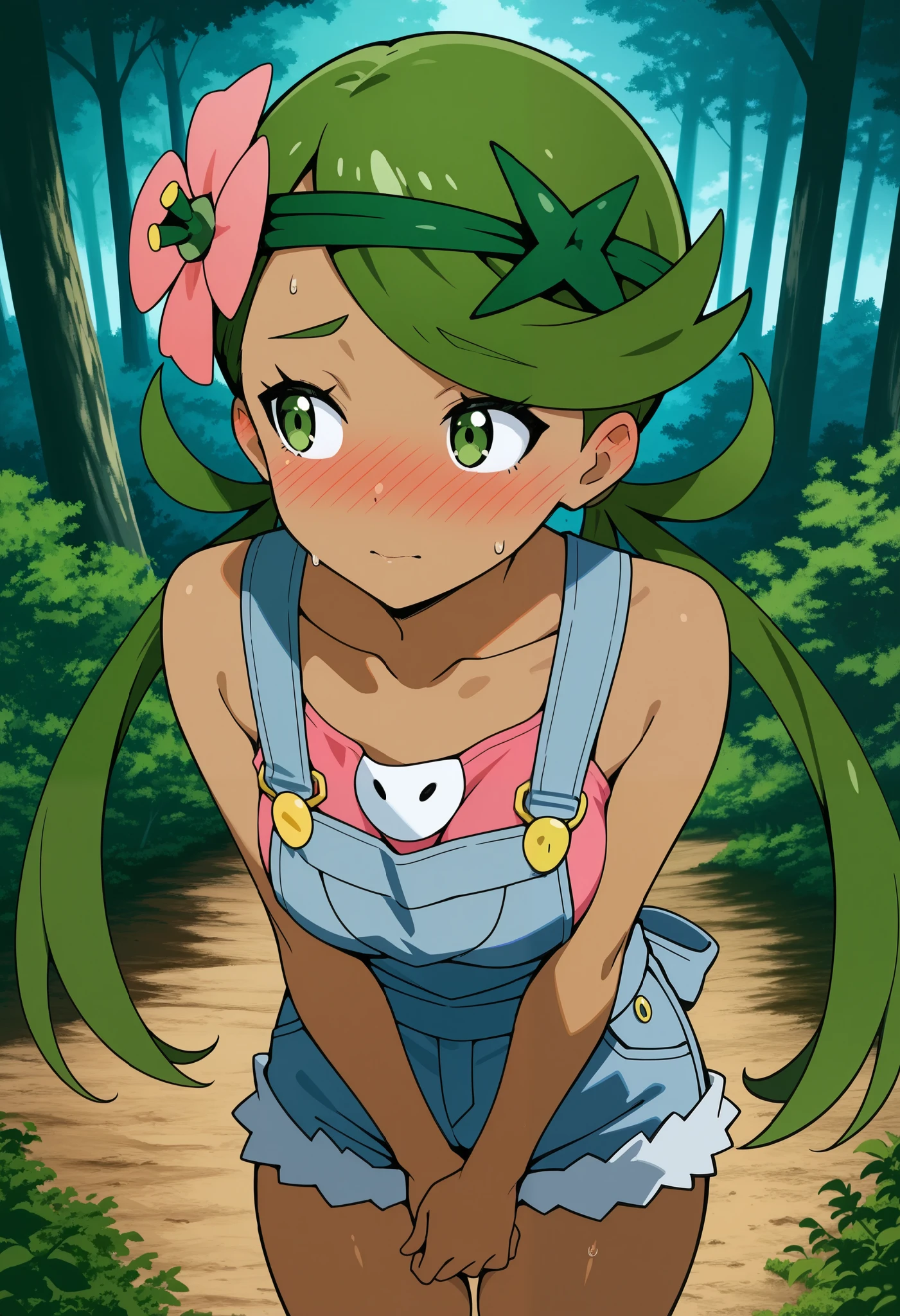 score_9, score_8_up, score_7_up, source_anime, mallow, 1girl, solo, long hair, bangs, hair ornament, twintails, green eye, flower, green hair, hair flower, dark skin, dark-skinned female, swept bangs, mallow (pokemon), a weary face, be shy, looking away, nose blush, blush, collarbone, sleeveless, pink shirt, denim overall, thighs, outdoor, forest, standing, upper body, v arms, cover pussy with own hands, sweat. Dutch angle.