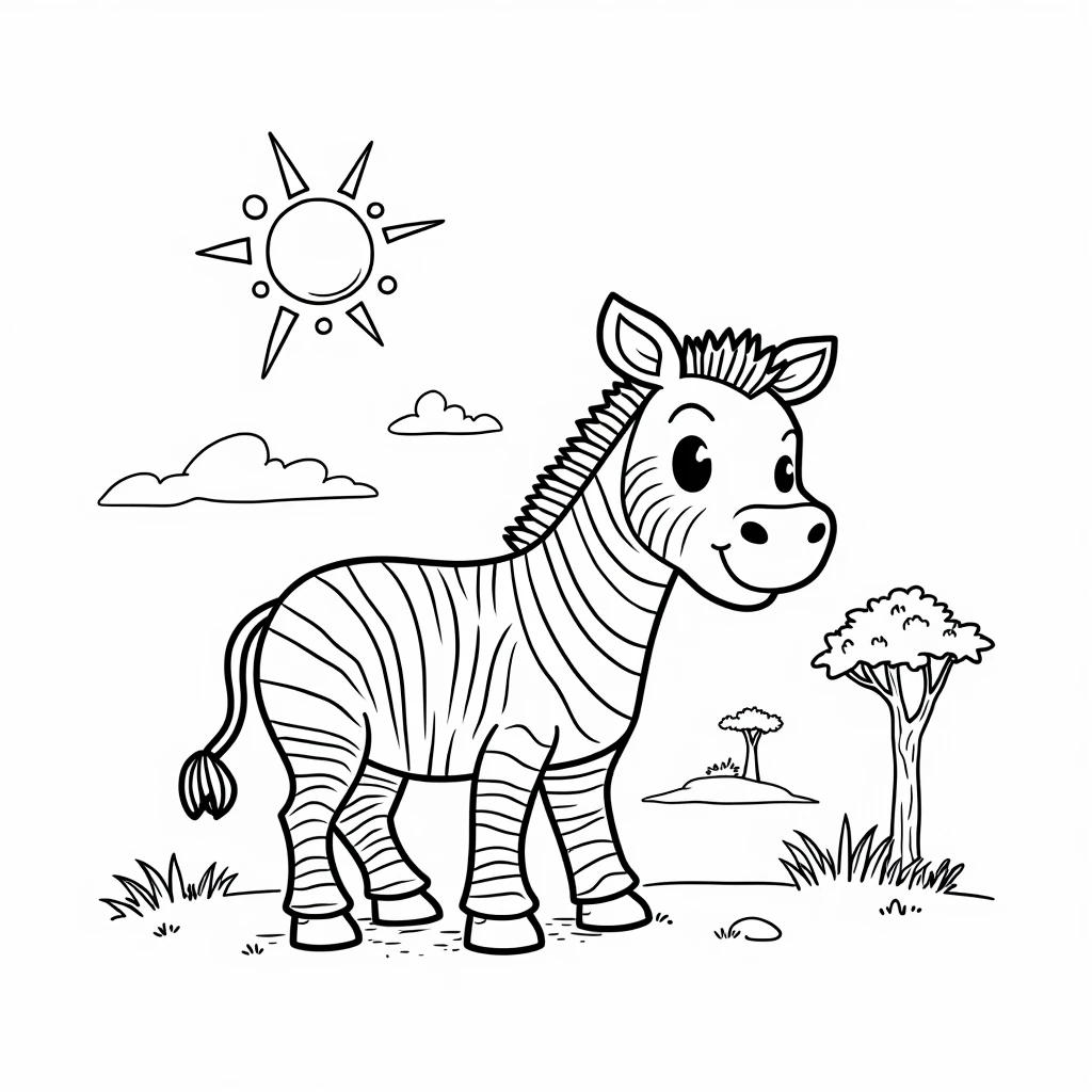 "Create a black-and-white illustration for an animals coloring book. The image should feature a baby zebra in Africa. With the sun and clouds in the sky and two dry trees and some grass near zebra. The baby zebra and the background must be in black and white, with bold, thick lines suitable for young to color. Ensure the entire drawing is black and white, with a clean white background."