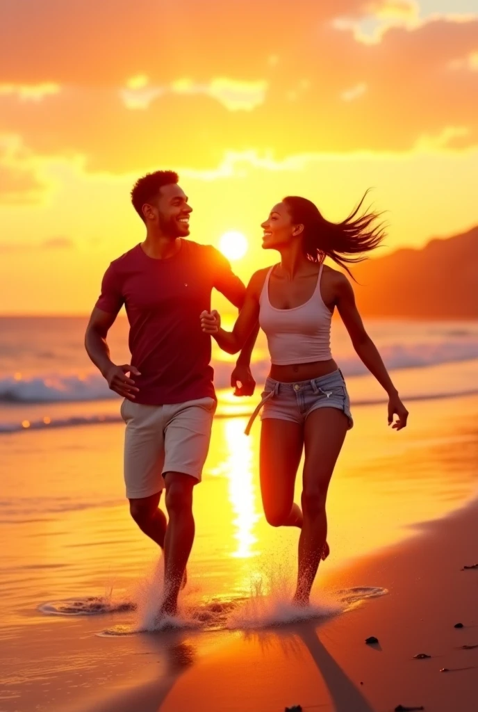 Jeune couple afro-haïtien au bord de la mer Habits, maillot de bain sexy en train courir et jouer dans lr sable. classy. Regard complice, Cadre lumineux, idyllique, Sensuel, captivant pour les amoureux