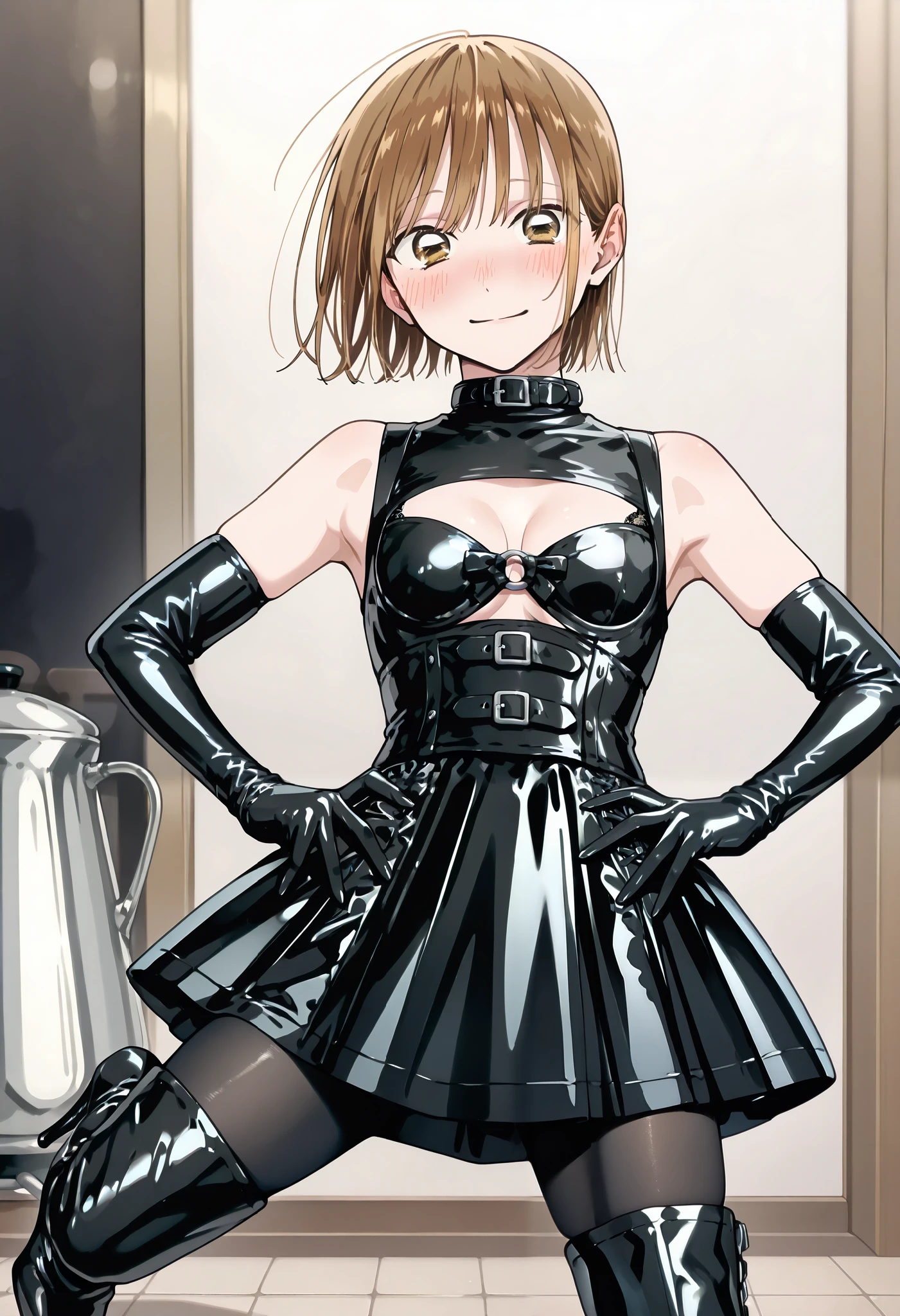 Yankee sitting、 poop sitting、((Open legs:1.4)))、((( wide thigh opening with one legでしゃがむ)))、((( open legs in a M shape and crouch )))、BDSM、Queen、mistress、(((One girl)))、(((solo:1.8)))、(((Black latex elbow gloves:1.4)))、((( black latex corset dress :1.4)))、((( corset dress is decorated with beautiful lace)))、((( Corset Dress with Shoulder Straps )))、((( Black Latex Tight Miniskirt :1.4)))、((( Black Thigh-High Boots :1.4)))、(((Black rubber tights:1.2)))、((( stiletto heel boots that kick a man:1.4)))、((( black latex tight mini skirt )))、(((Black latex bra)))、(((Black leather collar)))、((( sexy pose:1.4 )))、 wide thigh opening with one leg:1.2、((( erotic )))、((( cowboy shot from Alchemy Kettle)))、 closeup 、((( puts her hands on her hips)))、 beautiful eyes with highlights、 fine, beautiful skin、Two perfect anatomical arms、 Anatomically Perfect 2 Legs 、(Four perfect fingers and one thumb)、 Top Masterpieces、 masterpiece、 HD、High resolution 8k、 detailed color、 detailed eyes、 1 girl、solo、Chinatsu Shikano、 tea hair、 Smooth Hair、 short hair up to the shoulders 、 brown eyes、 big eyes、 staring at the viewer 、smile、 embarrassed face、blush:1.2