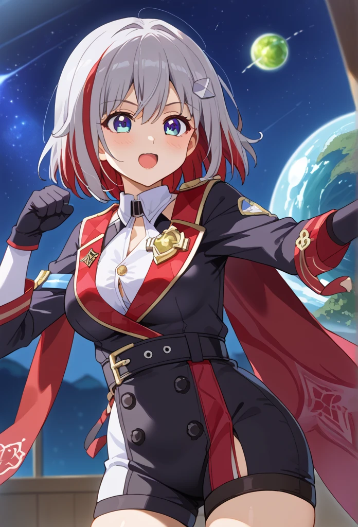  score_9,  score_8_up,  score_7_up,  source_Anime,  1 girl , ,  blue eyes, Red Hair,  white-haired, Grey Hair, multicoloRed Hair,  Bicolor Hair ,  striped hair, Colored inner hair,  shorthair,  hair ornament ,  Big Breasts , Bare Skin,  detached sleeve, gem,  white shirt,  colored shirt ,  clevis,  button gap ,  clevis cutout,  clothes cutout , Covered navel,  Black Gloves , elbow gloves, black belt,  black shorts ,  hip vent,  thigh strap to hide one ear, Mole on thigh,  red cloak, side cape ,  standing, the smell of topaz ,Topaz is a monkey fist wielder , Topaz is steeped in the smell of fighting , Topaz is learning martial arts self-defense techniques ,Topaz is in a normal posture , Topaz learned to fight from an early age , Topaz was raised by Irene in Virtua Fighter 5 to become a monkey fist, smile,  open mouth,  watch viewers, Wavy, hands on ,  portrait, close-up, indoor,  Space Station , Spaceship, starry null, star \(null\), moon, Namby, pig, animal, 