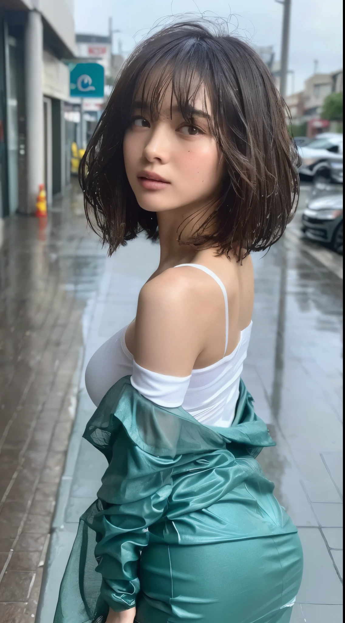 ((Best Quality, 8K, Masterpiece:1.3)), Focus: 1.2, Perfect Body Beauty: 1.4, Buttocks: 1.2, ((Layered Haircut, Breasts: 1.2)), (Wet Clothes: 1.1) , (Rain, Street:1.3), Bandeau Dress: 1.1, Highly Detailed Face and Skin Texture, Delicate Eyes, Double Eyelids, Whitened Skin, Long Hair