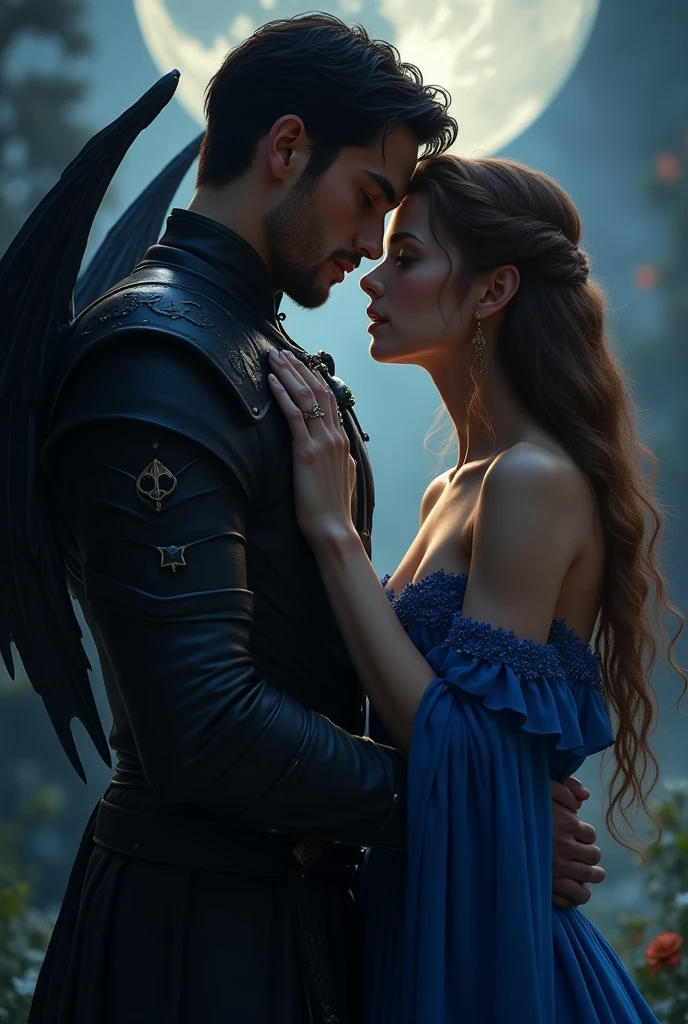 A fair haired male, half human and half phoenix wearing elegant clothes standing next to a beautiful 20 year old dark haired female, half human and half raven. They both are in love. They jave serious expressions. The background is dark with a crumbling castle far away.
