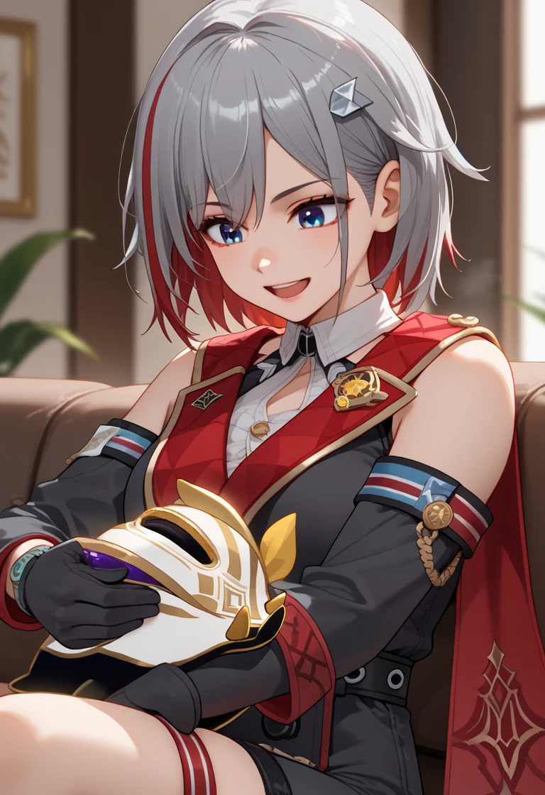  score_9,  score_8_up,  score_7_up,  source_Anime,  1 girl , ,  blue eyes, Red Hair,  white-haired, Grey Hair, multicoloRed Hair,  Bicolor Hair ,  striped hair, Colored inner hair,  shorthair,  hair ornament ,  Big Breasts , Bare Skin,  detached sleeve, gem,  white shirt,  colored shirt ,  clevis,  button gap ,  clevis cutout,  clothes cutout , Covered navel,  Black Gloves , elbow gloves, black belt,  black shorts ,  hip vent,  thigh strap to hide one ear, Mole on thigh,  red cloak, side cape ,  standing, the smell of topaz ,Topaz is a monkey fist wielder , Topaz is steeped in the smell of fighting , Topaz is learning martial arts self-defense techniques ,Topaz is in a normal posture , Topaz learned to fight from an early age , Topaz was raised by Irene in Virtua Fighter 5 to become a monkey fist, smile,  open mouth,  watch viewers, Wavy, hands on ,  portrait, close-up, indoor,  Space Station , Spaceship, starry null, star \(null\), moon, Namby, pig, animal, 