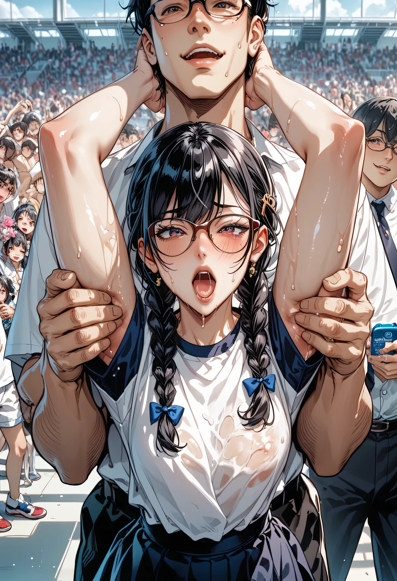 one woman、 several middle-aged men 、 Massagerパーラー、 white gym clothes、 lotion、 Massager、 asymmetrical bangs, side lock,Full Nelson, folded, 1 boy hanging upside down parliament , Lift People , Legs up, erection under clothes , fold your hands behind your head in a crowded school、 その男は Massager師 、 braids, best quality 、 black hair、 frameless glasses、 loud yawn on flowers 、 sweaty body、 obscene sound effect 、( touches chest:1.1)、Japanese Moans、(tears)