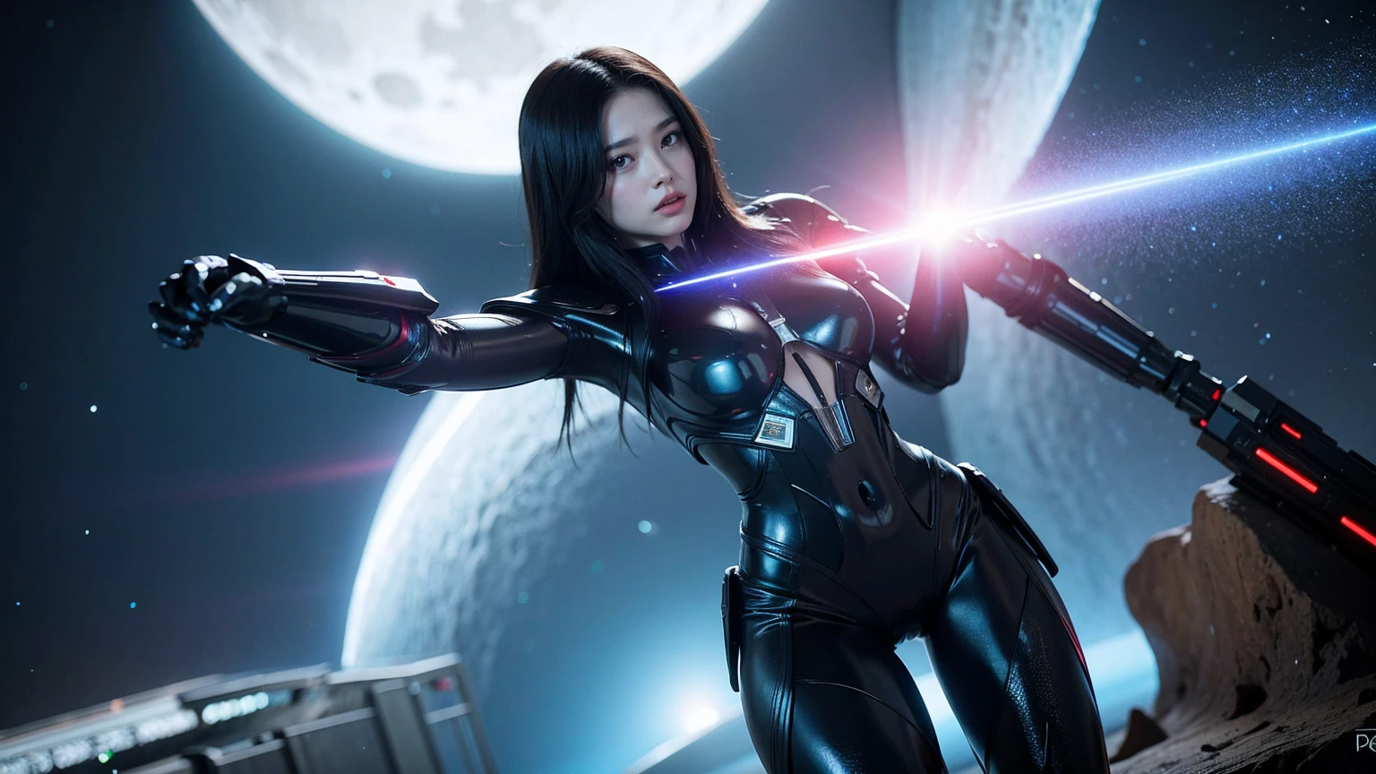 (RAW photo, highest quality), (realistic, Photoreal:1.3), 1 girl、realisticbody、old shrine maiden costume、Pyramid-shaped UFO flying from space、laser light、looking up