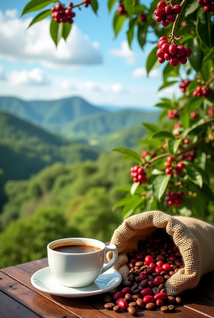 A picturesque coffee plantation on a sunny day, featuring ripe red coffee cherries on lush green branches in the foreground, with a cup of freshly brewed coffee on a rustic wooden table beside a burlap sack spilling roasted coffee beans. The background showcases vivid green hills and a clear blue sky with fluffy white clouds, sharp and detailed."