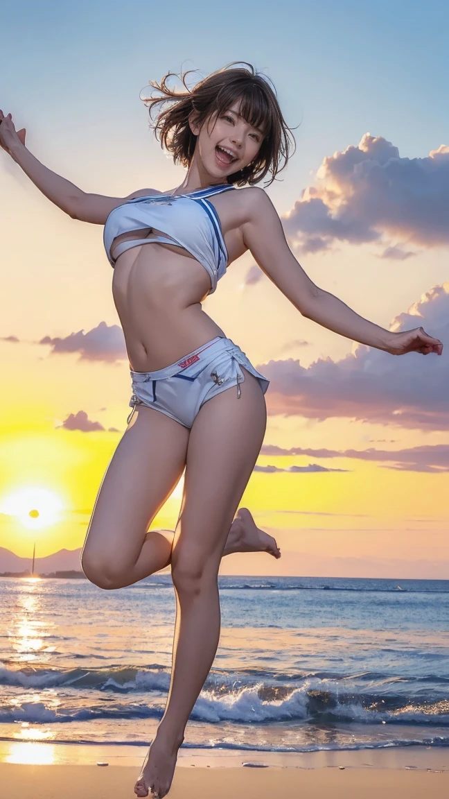 ((ExtremelyDetailed ( KAWAII Girl Floating:1.37) in WHITE at Dusk Enoshima Beach)), (masterpiece 8K TopQuality) (ProfessionalPhoto:1.37), {(Standing Full Body:1.2)|(from below:1.2)}, Different types of hair colors, {(White skinny(School Swimwear))|(SchoolUniform) with Tiny AthleticShorts}, {Detailed Childish hand|Hidden hand|Armpit|Different types of breasts|(Clearly Visible the shape of Butt)}, Joyful Expressions LifeLike Rendering, PerfectLighting, Dazzling Horizon {Colorful Clouds | Starry IridescentParticles} VolumetricLighting (Acutance:0.8)