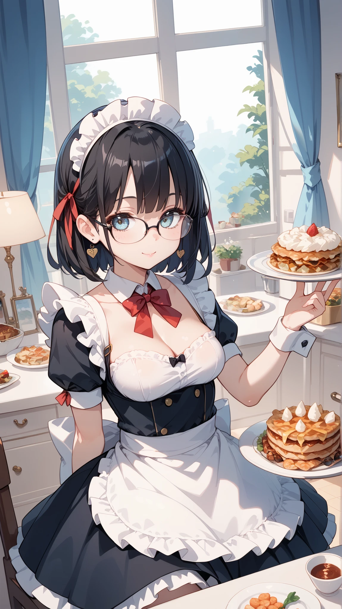 Black hair, glasses, maid, sells yakisoba at a food stall