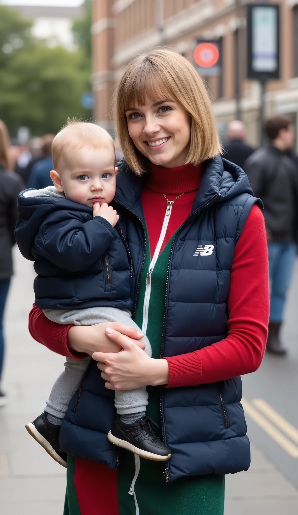Front view, full body, standing pose, both hands holding with babyr, looking at viewer, name is Jessica, 30-age, (White English, golden hair, short hair, fringe, beautiful blue eye, cute lip, smile, neck less and earring) , (Women's long Wool two colors on one dress, moss green and red ,center white line, with small New Balance logo mark, dark blue vest type fleece down jacket New Balance logo mark, black hi-heal, cinematic lighting , on London street, noon,(masterpiece, Best Quality, high resolution on down, Realistic, sharp, RAW photos from the last century, wallpaper, perfection, Professional Lighting, very detailed)