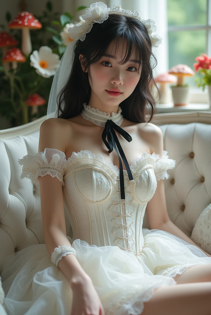 ((table top)),(((highest quality))),((超become familiar withな)),((((realistic)))),((messy hair)),((frills)),(one woman),(alone), (I focus),lipstick,dynamic angle,Big sleeves,floating,美しいbecome familiar with空,Water with beautiful details,beautiful and delicate eyes,exposed,(fist),Expressionless,Side Brand Van,Rabbit between the eyes,ribbon,A bow tie,button,bare shoulders,(((small breasts))),become familiar with,Blanc Stare,pleated skirt,flowers、((White corset))、(white stockings), (white arm cover), (((By the window in a dimly lit luxury hotel bedroom)))､(((Try it yourself Skirt lift)))、((View from behind))