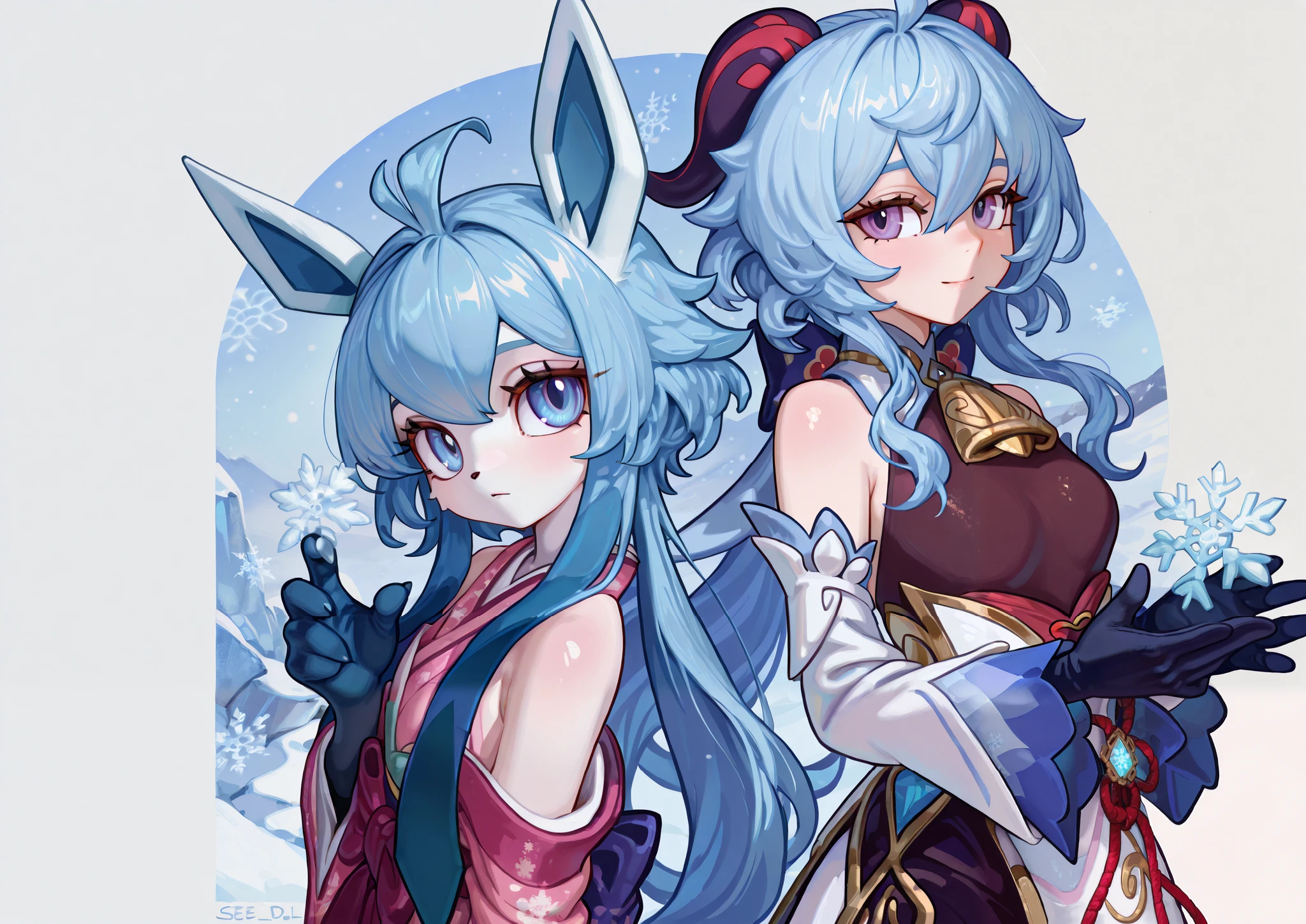 (duo concept art), 2D cartoon Disney character digital art of duo back to back to ganyu\(genshin_impact\), kawaii, chibi female, young, anthro kizune, full white fur, glaceon:1.5, perfect antrho hands, perfect eyes, shoulderless blue and pink_kimono, transparent fur like ice, made of ice, seethrought bob hair, bare shoulders, three quarters.1.5, (rukia's bankai):1.5, flat chest:1.3char1 catches a snowflakes falling from above, aerial, full (top to bot):1.5, winter night, snowflake close_up, dynamic:1.5, sdxl, masterpiece, breathtaking, professional illustration, artic's auroras, flatlines, lineless, like art nouveau:1.3, (Impasto style:1.25), by oouna:1.2, (nova diffusion xl). superb linework, classic 2D Disney style art, close-up, inspired by the art styles of Glen Keane and Aaron Blaise, Disney-style character concept with a Disney-style face, (trending on artstation), Disney-style version of solo, kawaii, chibi female, young, anthro kizune, full white fur, glaceon:1.5, perfect antrho hands, perfect eyes, shoulderless blue and pink_kimono, transparent fur like ice, made of ice, seethrought bob hair, bare shoulders, three quarters.1.5, (rukia's bankai):1.5, flat chest:1.3char1 catches a snowflakes falling from above, aerial, full (top to bot):1.5, winter night, snowflake close_up, dynamic:1.5, sdxl, masterpiece, breathtaking, professional illustration, artic's auroras, flatlines, lineless, like art nouveau:1.3, (Impasto style:1.25), by oouna:1.2, (nova diffusion xl)