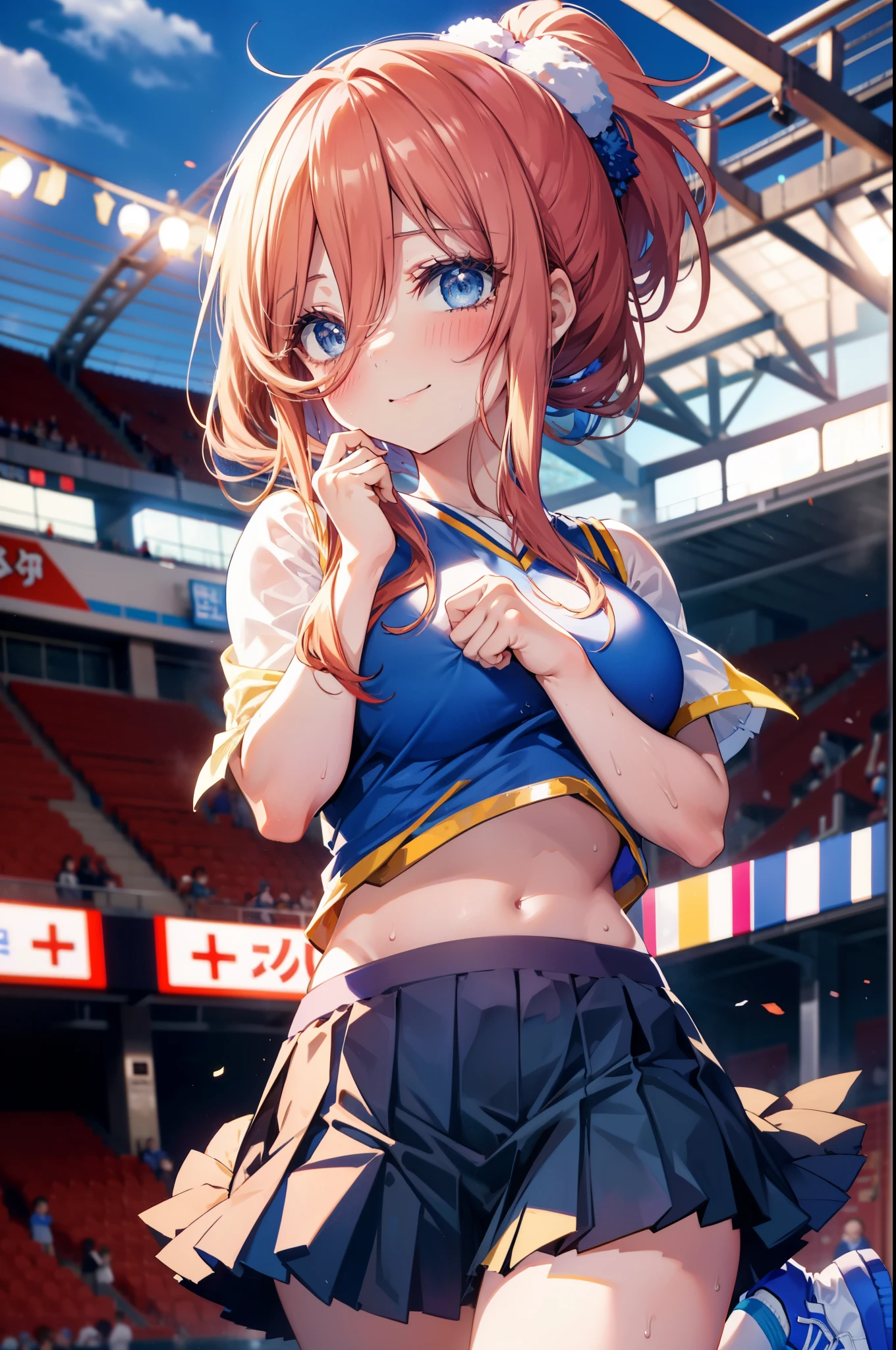 Miku Nakano, Nakano Future, long hair, bangs, blue eyes, tea hair, shirt, hair between eyes,smile,blush, mouths,Big Breasts, ponytail, Lower, ( sweaty), sweaty Wet Clothes, (blue clothes ), blue mini pleated skirt,White socks, sneakers , belly button cheering , playground, ( jump), ( jump), 両足を曲げて jumpする, air, blue sky, Compa, smileチアリーダー,(Pompoms on both hands:1.3), cheerleading ,crowd,whole bodyがイラストに入るように,
break indoors, stadium,
break looking at viewer, whole body,
break (masterpiece:1.2), best quality , kampala,unity 8k wallpaper,(shape:0.8),( fine, beautiful eyes :1.6),It's a person ,whole body写真,CG Details , (perfect hand, complete anatomy),