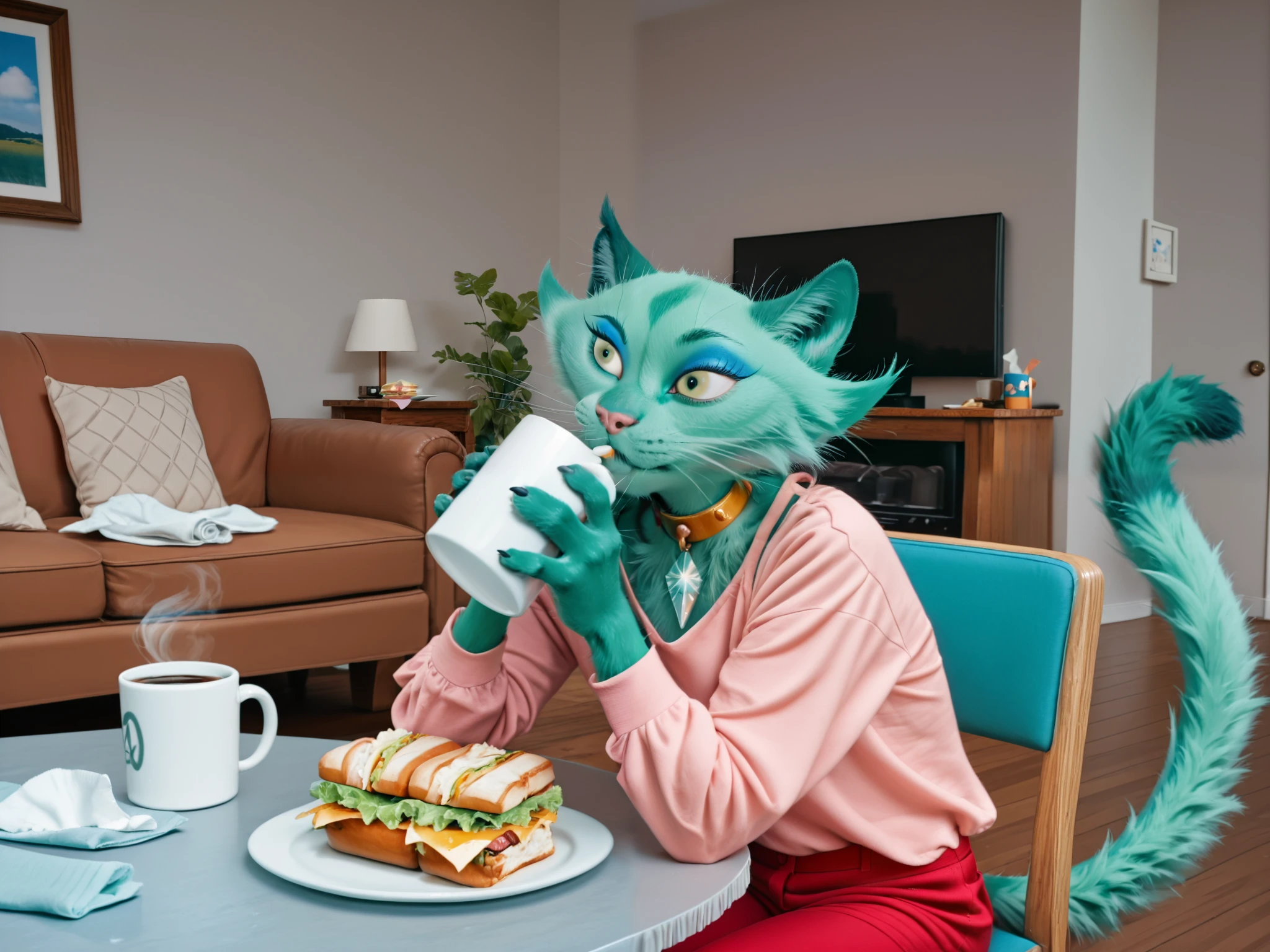 masterpiece, best quality, amazing quality, very aesthetic, high resolution, ultra-detailed, absurdres, newest, photorealistic , hyperrealism, photography, Realistic BREAK 1girl, solo, c4tnip, anthro, furry female, cat ears, cat tail, blue eyeshadow, green fur, dark green fur, two-tone fur, light green eyes, dark green ears, whiskers, collar, gemstone, pink shirt, red pants, sitting, on chair, drinking coffee, coffee mug, napkin, napkin holder, chairs, tables, plate on table, sandwich on plate, indoors, living room