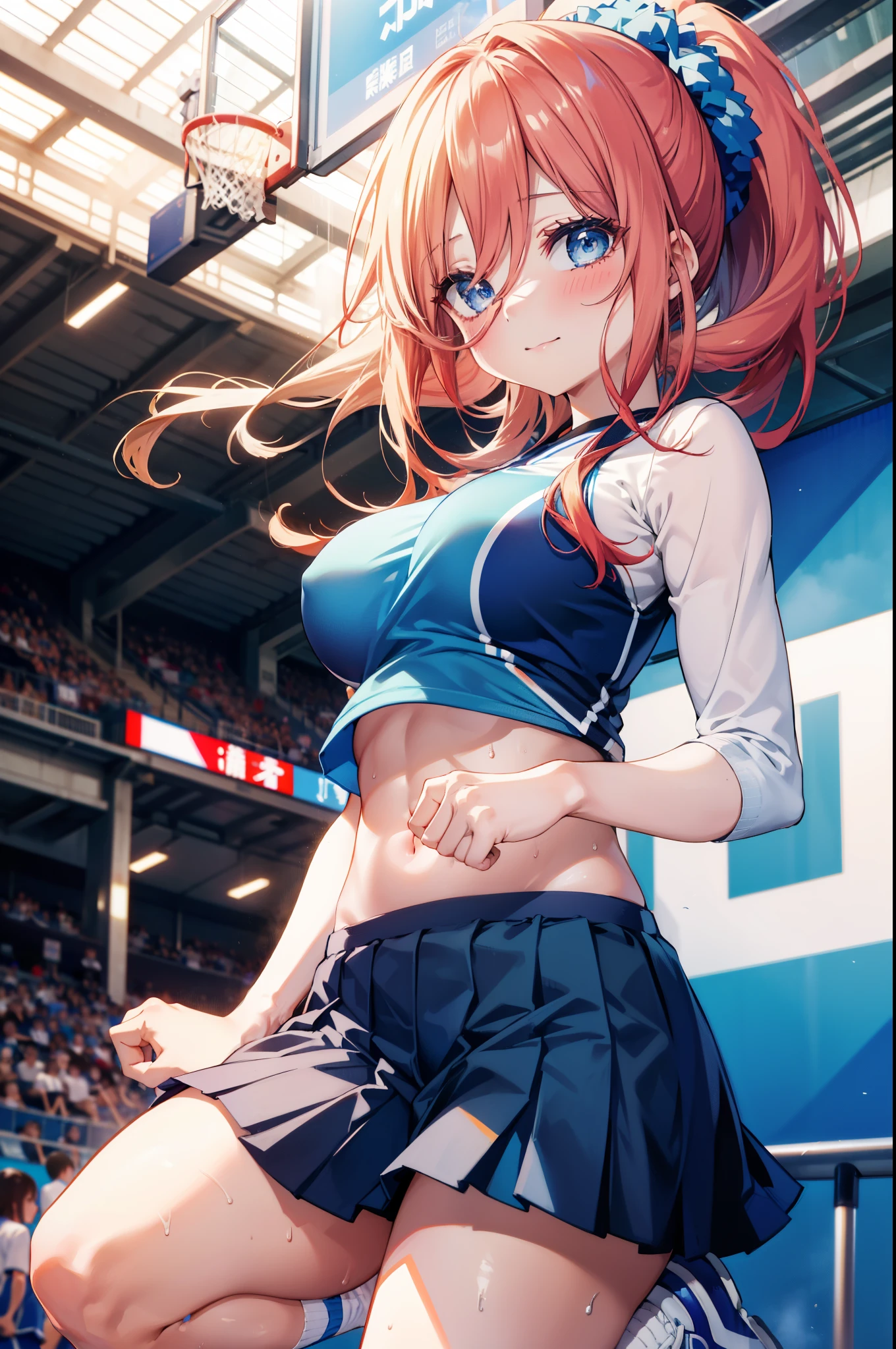 Miku Nakano, Nakano Future, long hair, bangs, blue eyes, tea hair, shirt, hair between eyes,smile,blush, mouths,Big Breasts, ponytail, Lower, ( sweaty), sweaty Wet Clothes, (blue clothes ), blue mini pleated skirt,White socks, sneakers , belly button cheering , playground, ( jump), ( jump), 両足を曲げて jumpする, air, blue sky, Compa, smileチアリーダー,(Pompoms on both hands:1.3), cheerleading ,crowd,whole bodyがイラストに入るように,
break indoors, stadium,
break looking at viewer, whole body,
break (masterpiece:1.2), best quality , kampala,unity 8k wallpaper,(shape:0.8),( fine, beautiful eyes :1.6),It's a person ,whole body写真,CG Details , (perfect hand, complete anatomy),
