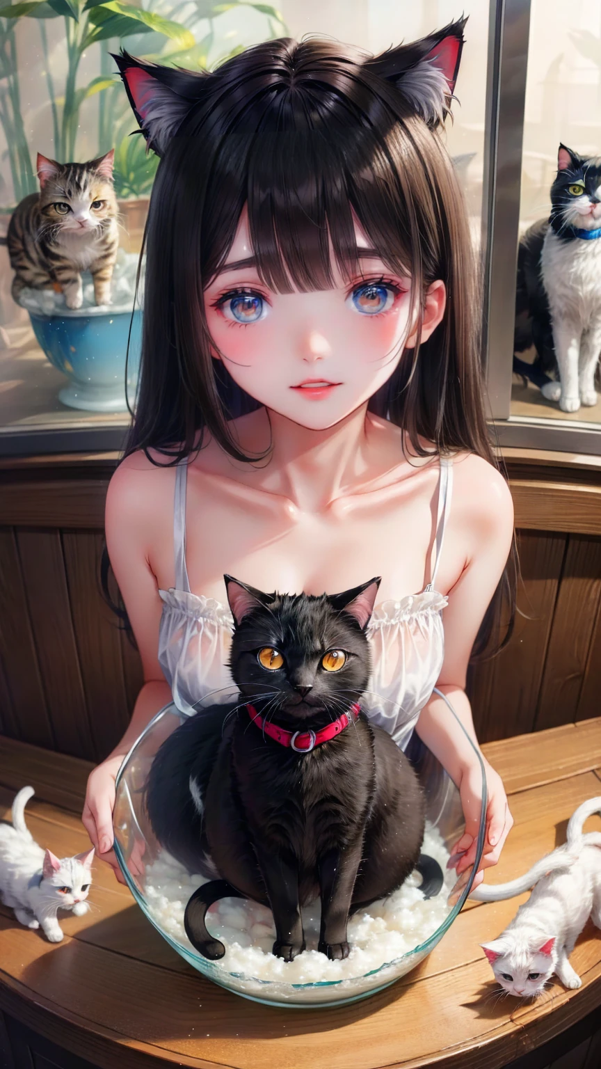 black hair, Surrealism, 8k, super detail, cat ears, nude, in public, loli, petit boobs, petit ass, hazel eyes, kneeling, blowjob, dometstic dog, beastialty, fucked by a dog, sucking a dick