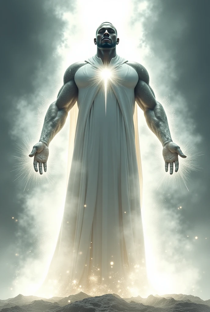 Humanoid man made of faceless crystals, His body is translucent and filled with mist inside with rune symbols all over his body with open arms, with a white hooded cape with light fabrics that spread to the floor in silver details, image without background in dc comics art style